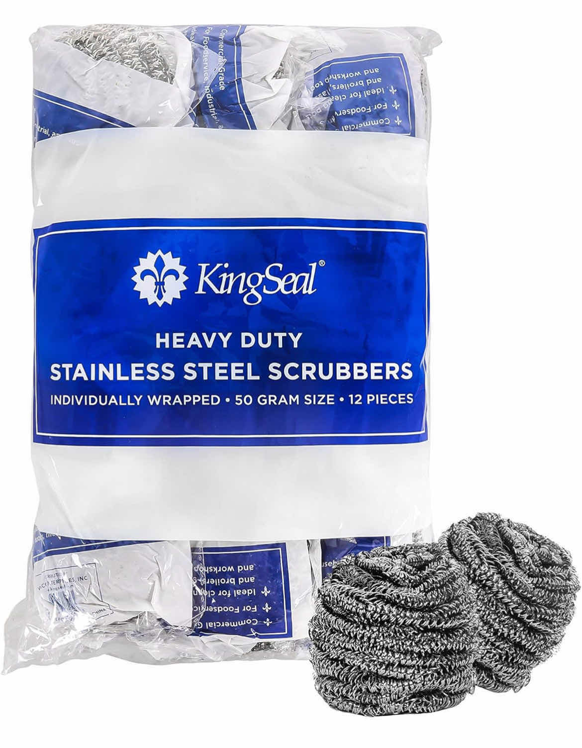 Photo 1 of KINGSEAL STAINLESS STEEL SCRUBBERS, SCRUB PADS, HEAVY DUTY, 50 GRAM WEIGHT, INDIVIDUALLY WRAPPED - 6 PACKS OF 12