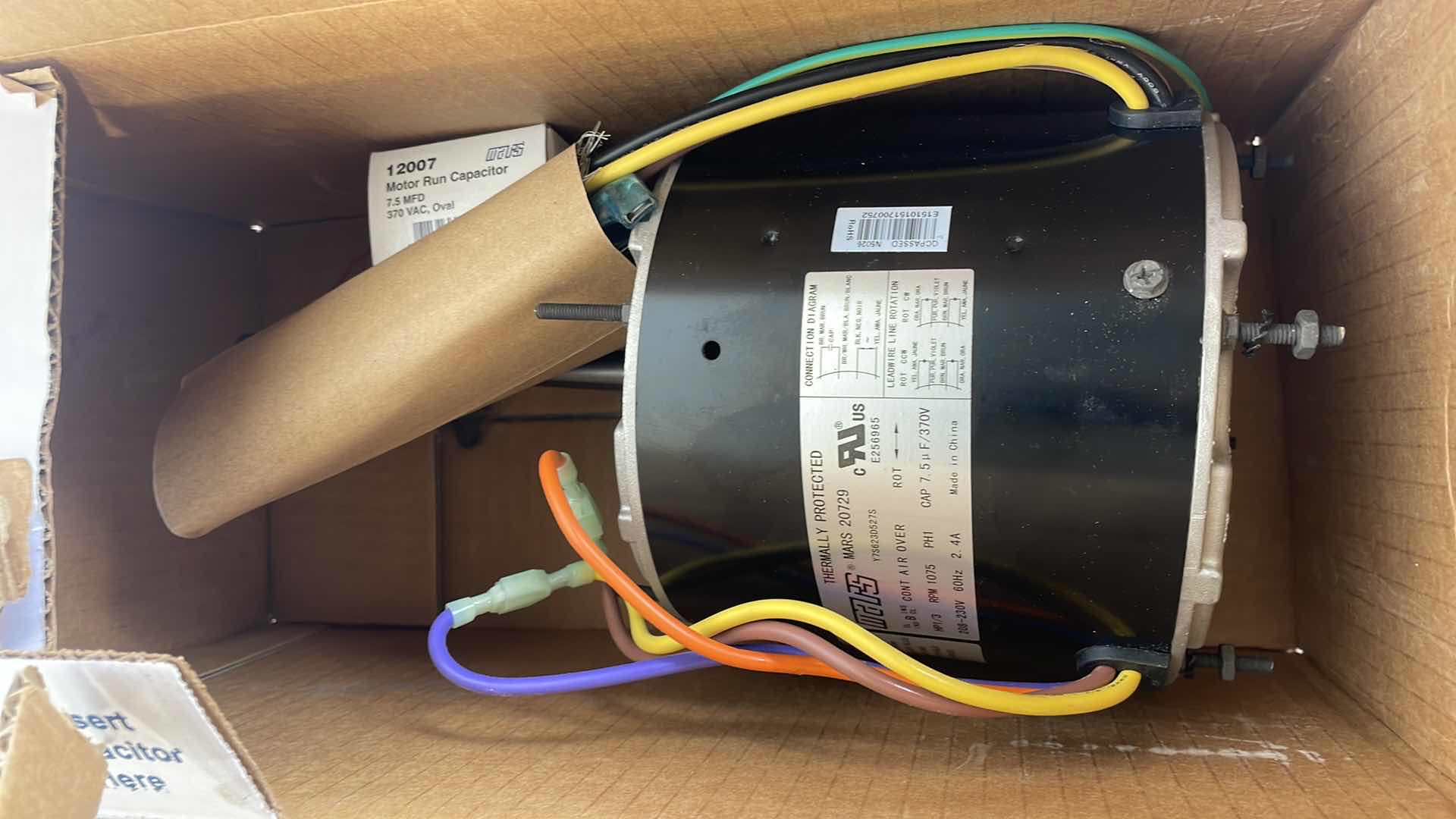 Photo 2 of MARS - 20729 - 1/3 HP 208 - 230V 1075 RPM 70C CF MOTOR. WITH MOTORS & ARMATURES 12007 370V 7.5 MFD ROUND RUN CAPACITOR