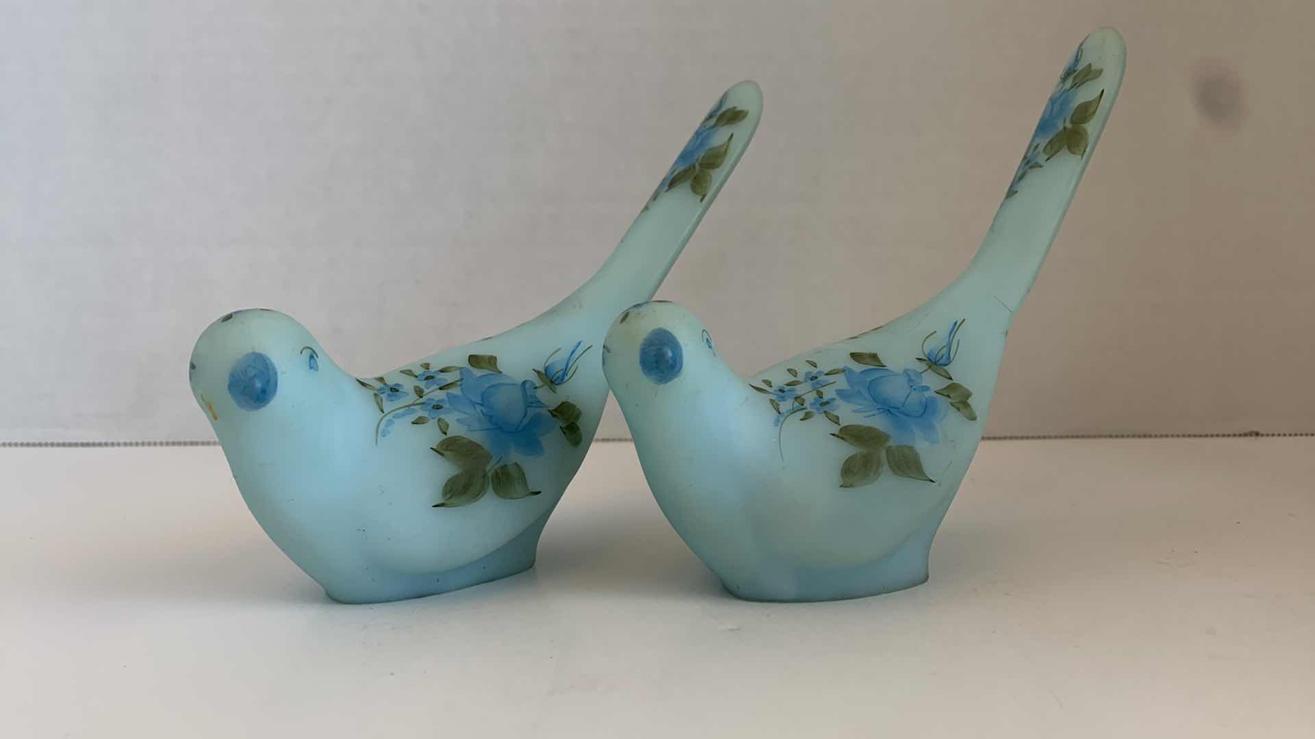 Photo 1 of SET OF 2 FENTON HANDPAINTED STAIN BLUE GLASS BIRDS