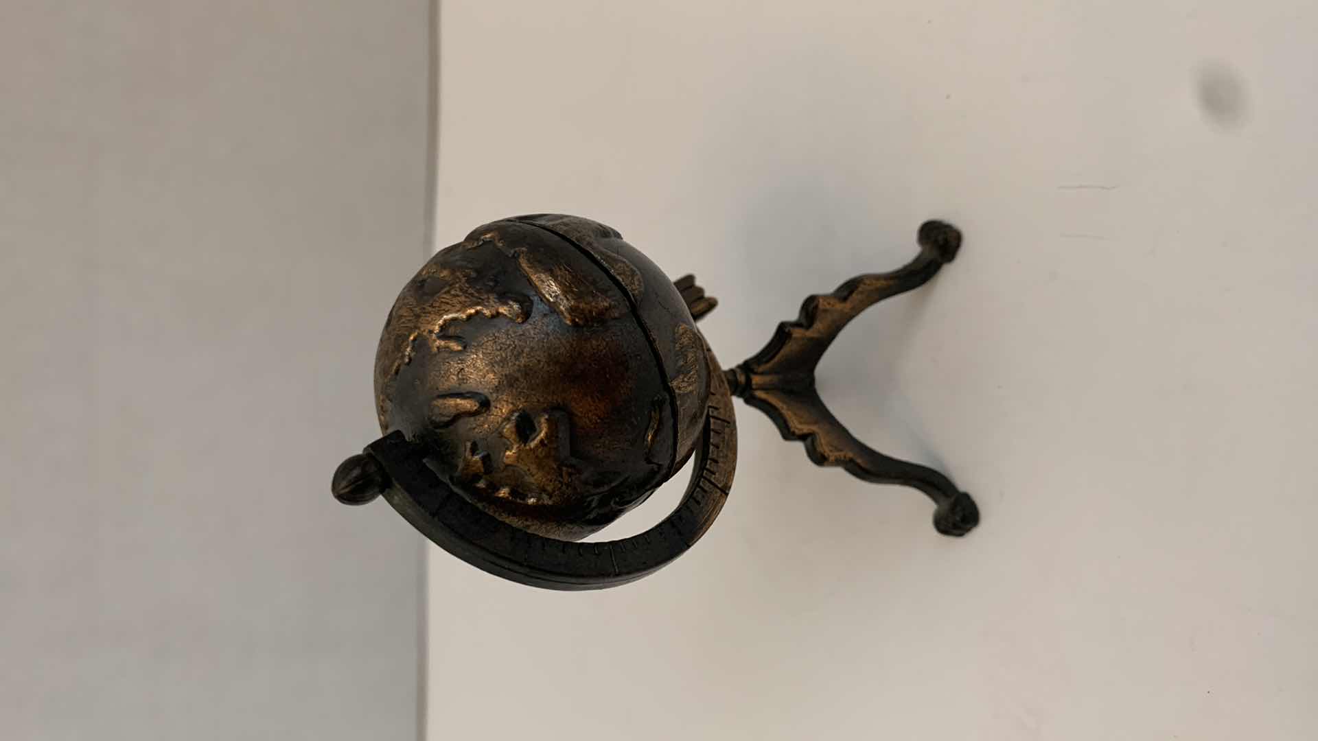 Photo 1 of SET OF 2 METAL STATUES: GLOBE AND TYPEWRITER WITH WOODEN CLOCK TALLEST 3"