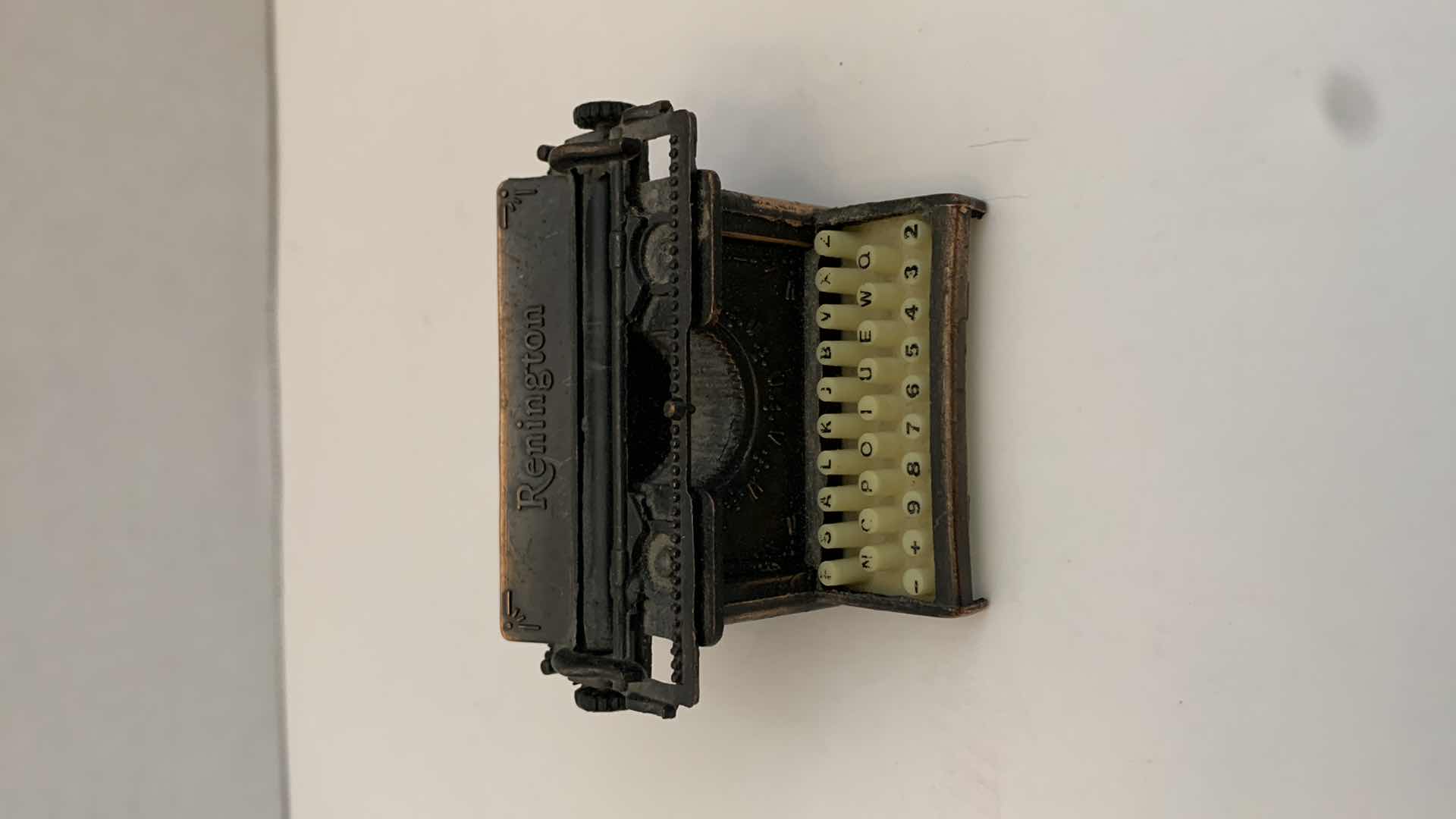 Photo 1 of SET OF 2 METAL STATUES: GLOBE AND TYPEWRITER WITH WOODEN CLOCK TALLEST 3"