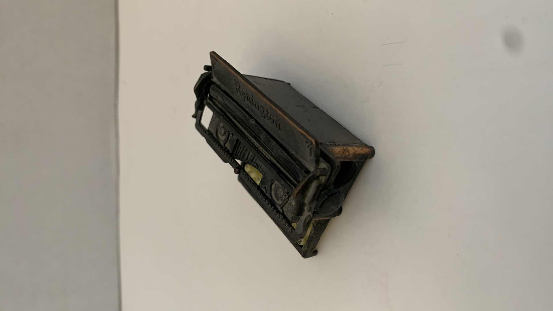 Photo 1 of SET OF 2 METAL STATUES: GLOBE AND TYPEWRITER WITH WOODEN CLOCK TALLEST 3"