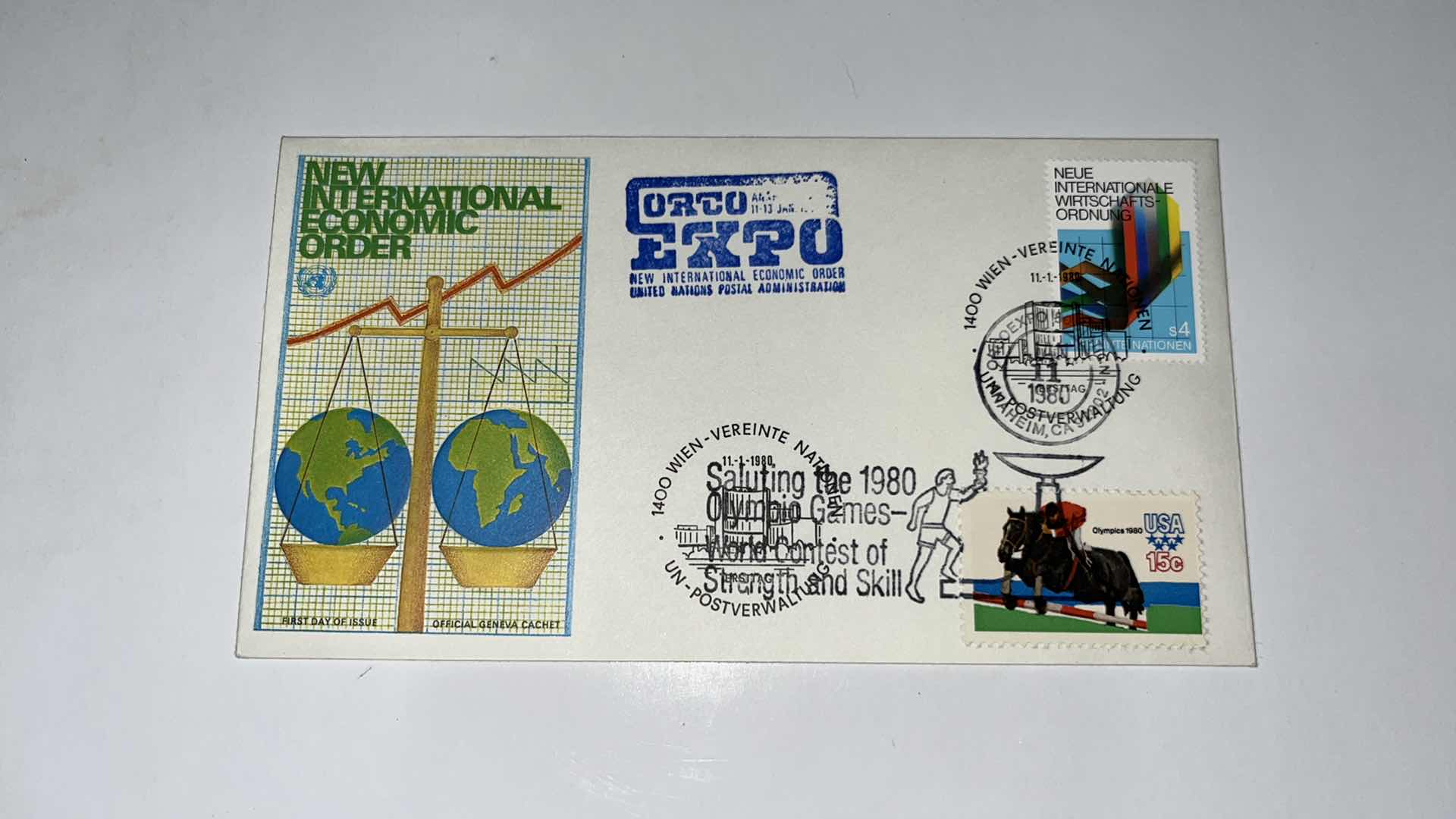 Photo 1 of 3 UN 1980 NEW INTERNATIONAL ECONOMIC ORDER FIRST DAY ISSUE