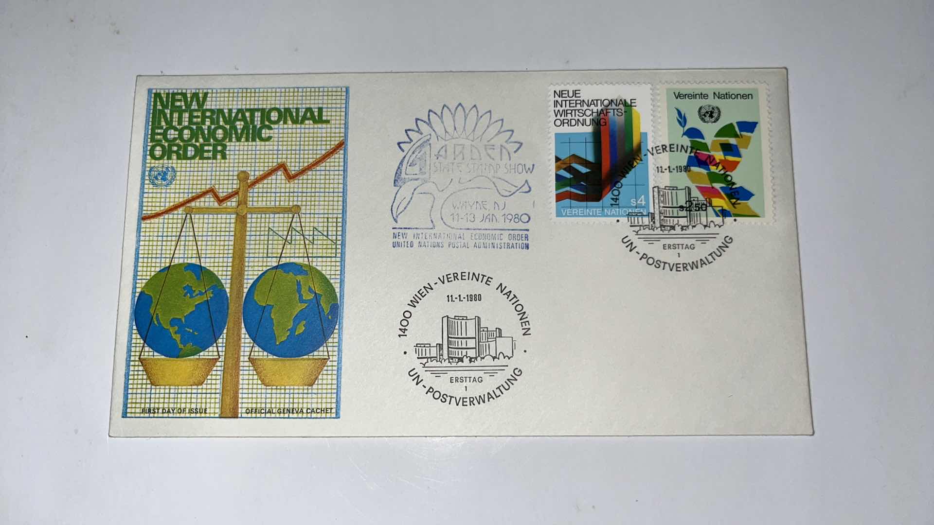Photo 4 of 3 UN 1980 NEW INTERNATIONAL ECONOMIC ORDER FIRST DAY ISSUE