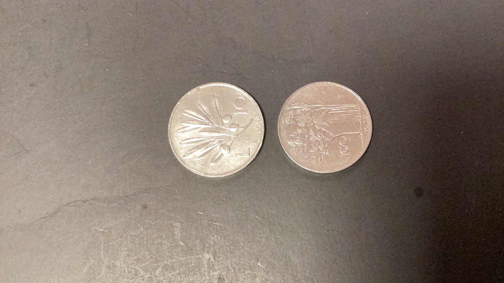 Photo 1 of 1948 ITALY 10 LIRE AND 1957 ITALY L-100 COINS
