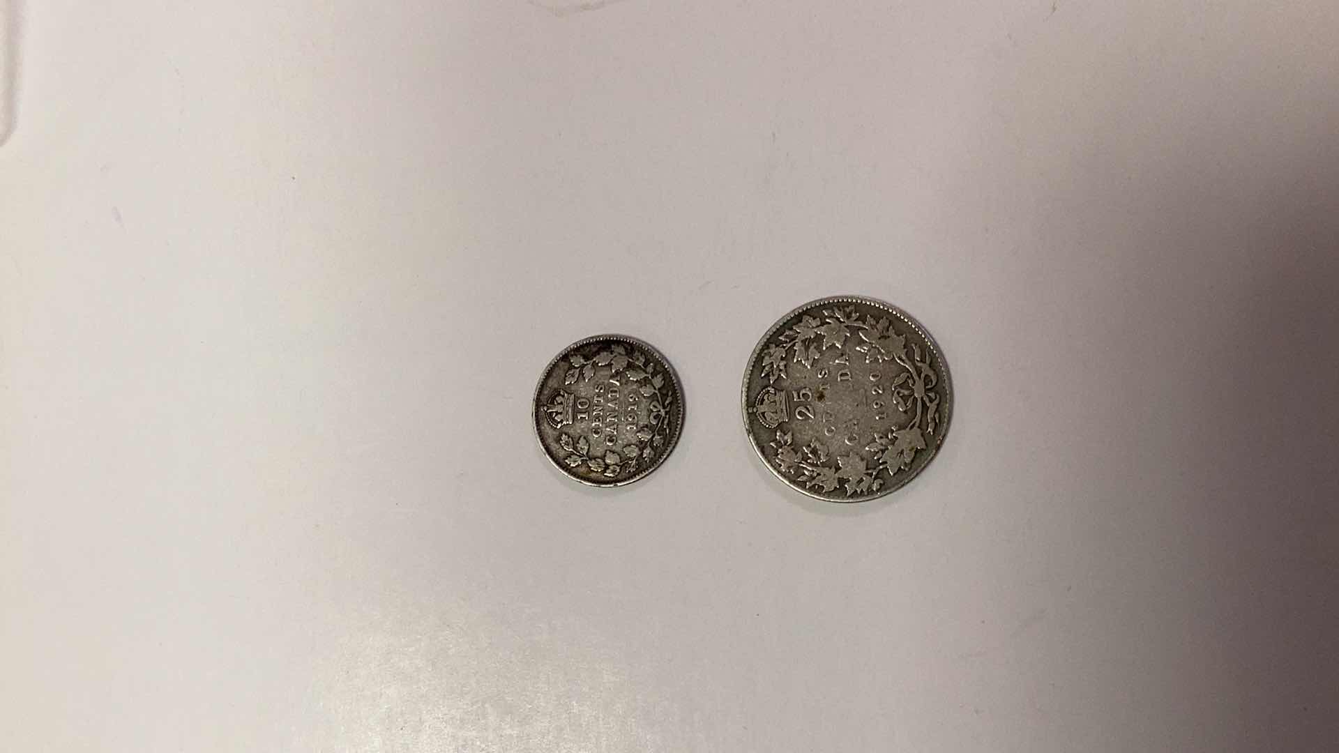 Photo 1 of 1919 CANADA 10 CENTS AND 1920 CANADA 25 CENTS COINS