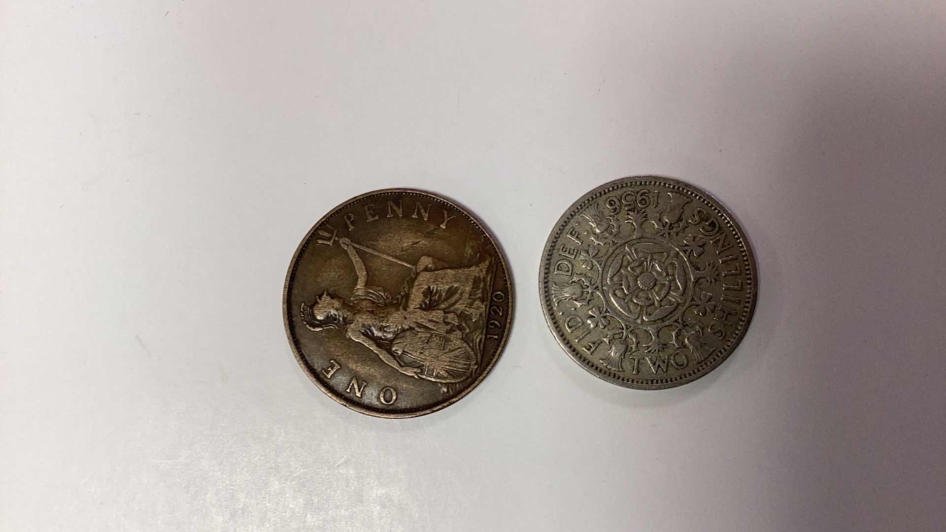 Photo 1 of 1920 GB 1 PENNY 411 SP AND 1956 GB 2 SHILLINGS COINS