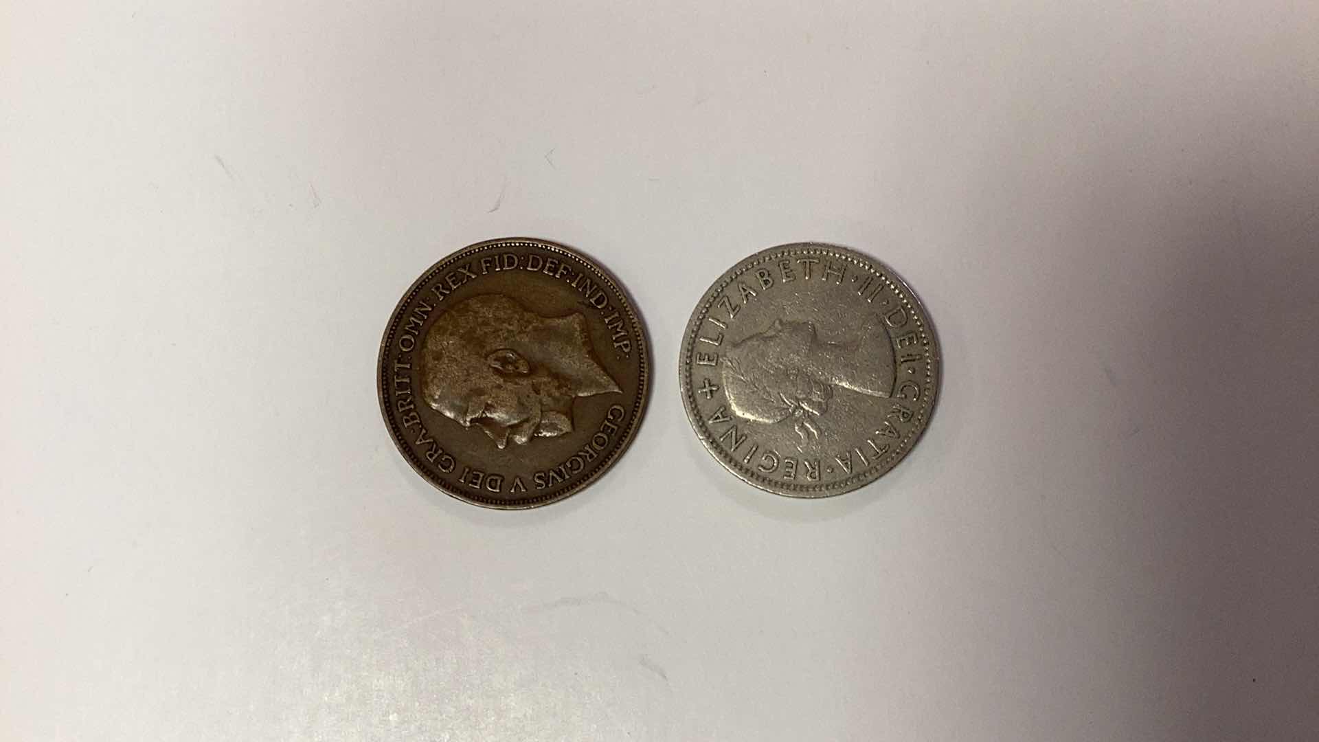 Photo 1 of 1920 GB 1 PENNY 411 SP AND 1956 GB 2 SHILLINGS COINS