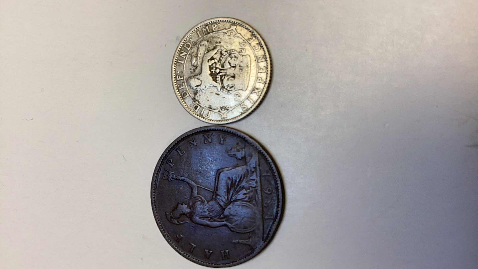 Photo 1 of GREAT BRITAIN 1861 HALF PENNY, 1926 6 PENCE