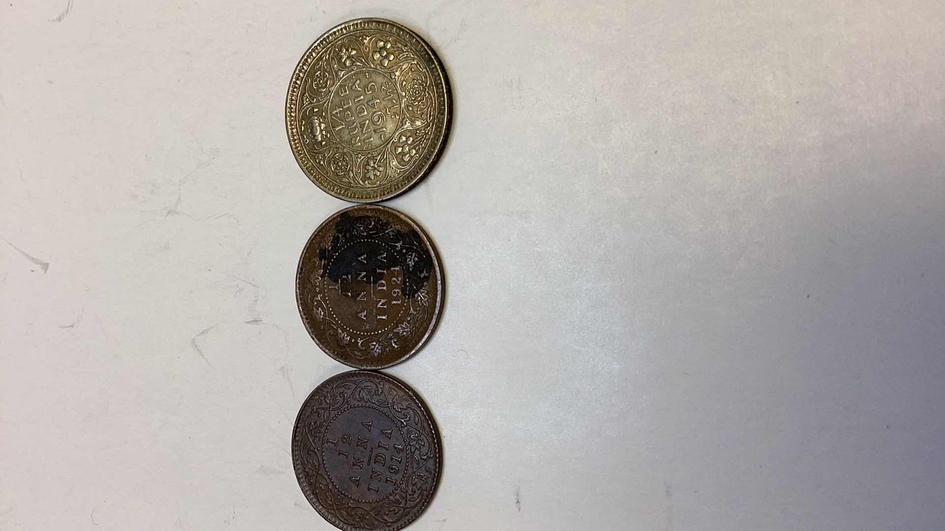 Photo 1 of INDIA 1914, 1924 HALF ANNA AND 1945 1/4 RUPEE