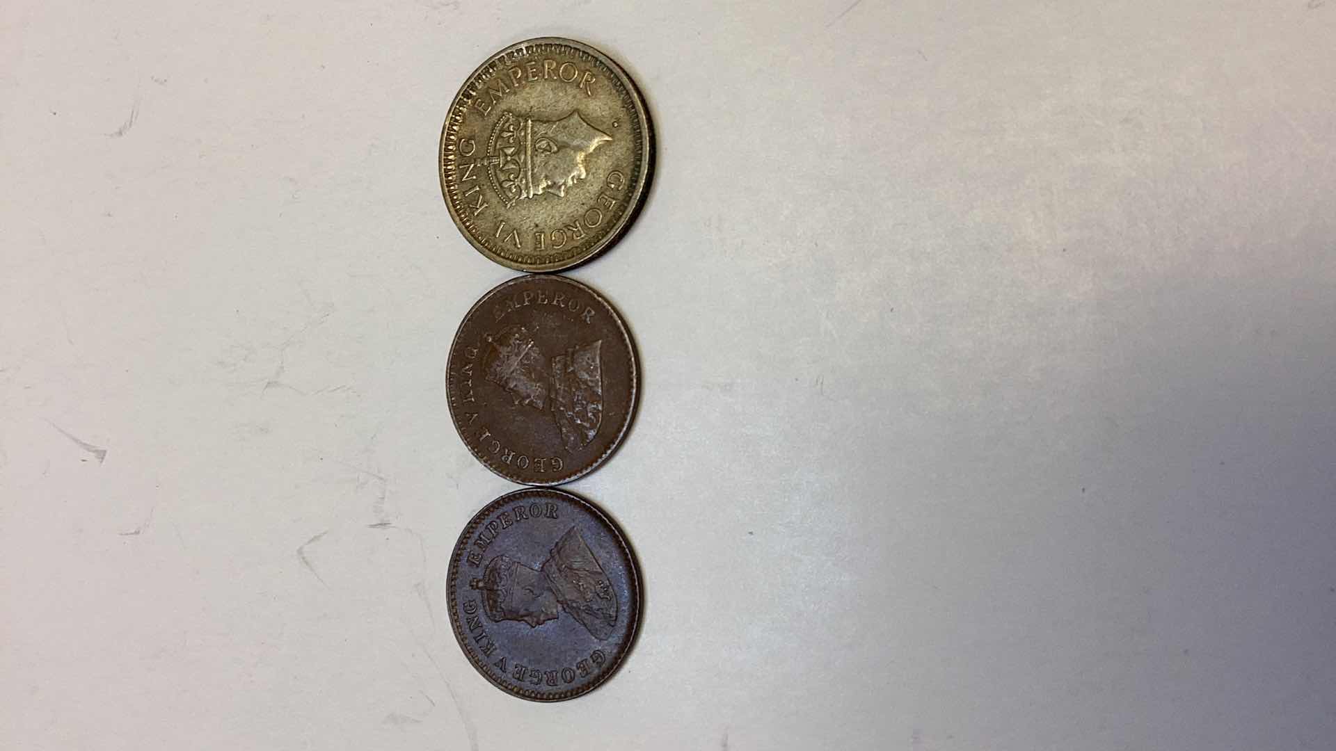 Photo 1 of INDIA 1914, 1924 HALF ANNA AND 1945 1/4 RUPEE