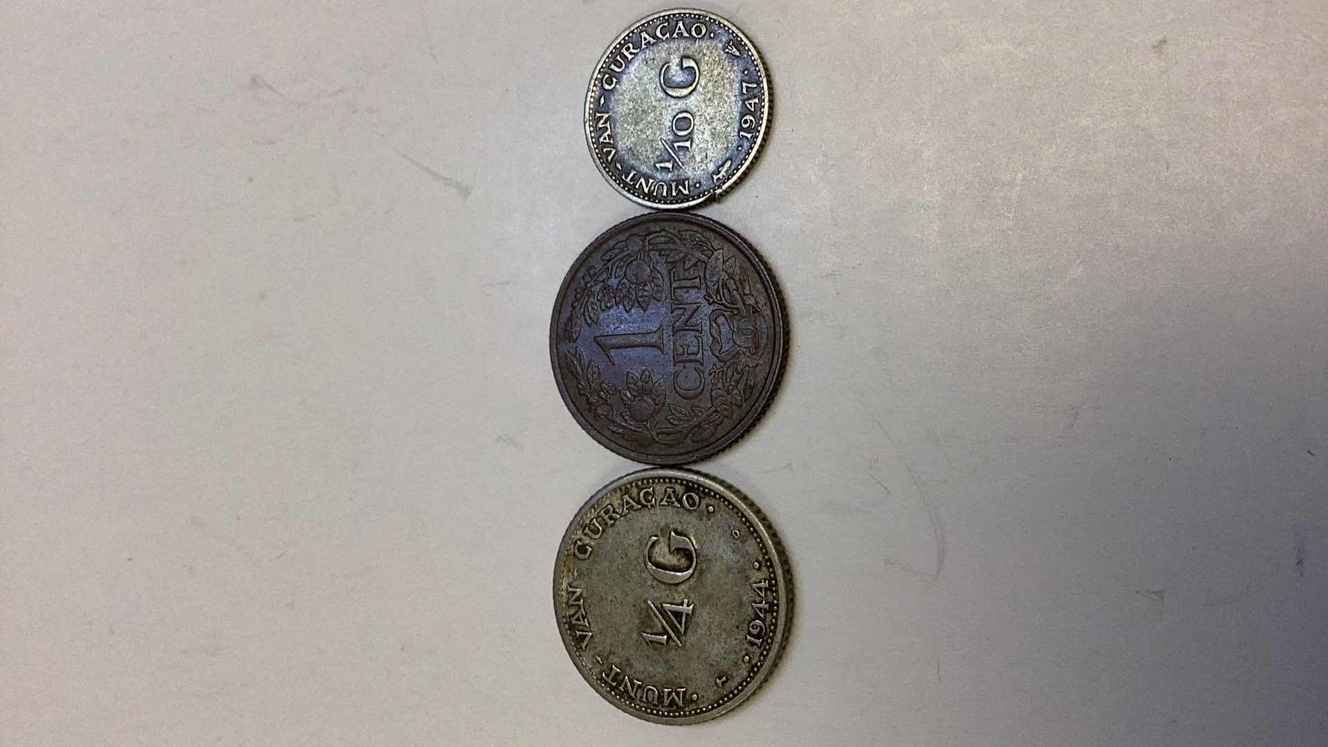 Photo 1 of CURACAO 1944 1/4 GULDEN, 1947 ONE CENT, 1947 1/10 GULDEN