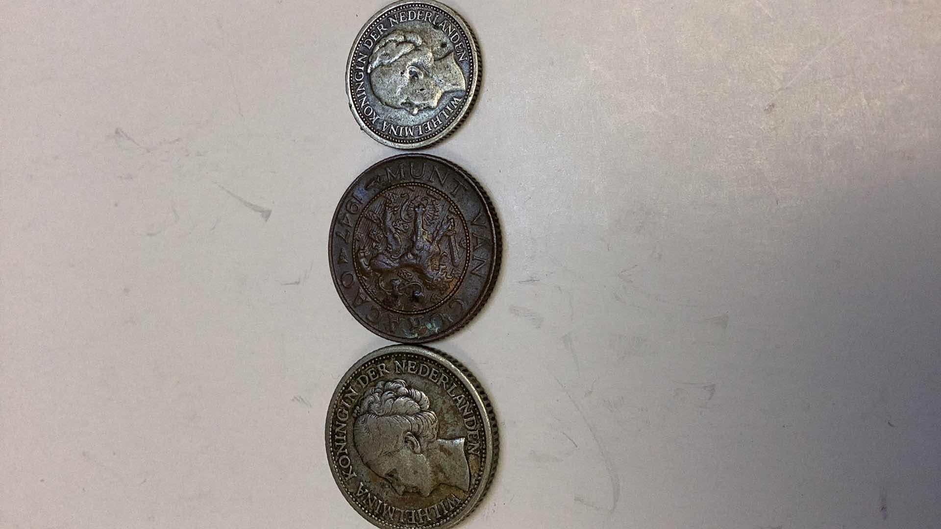 Photo 1 of CURACAO 1944 1/4 GULDEN, 1947 ONE CENT, 1947 1/10 GULDEN