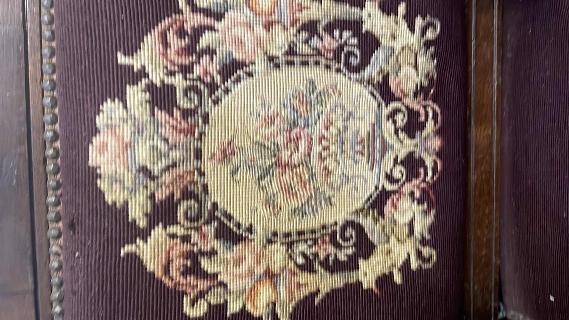 Photo 1 of RARE 19TH CENTURY VICTORIAN EASTLAKE MAHOGANY NEEDLEPOINT ARMCHAIR WITH NAIL HEADS TRIM