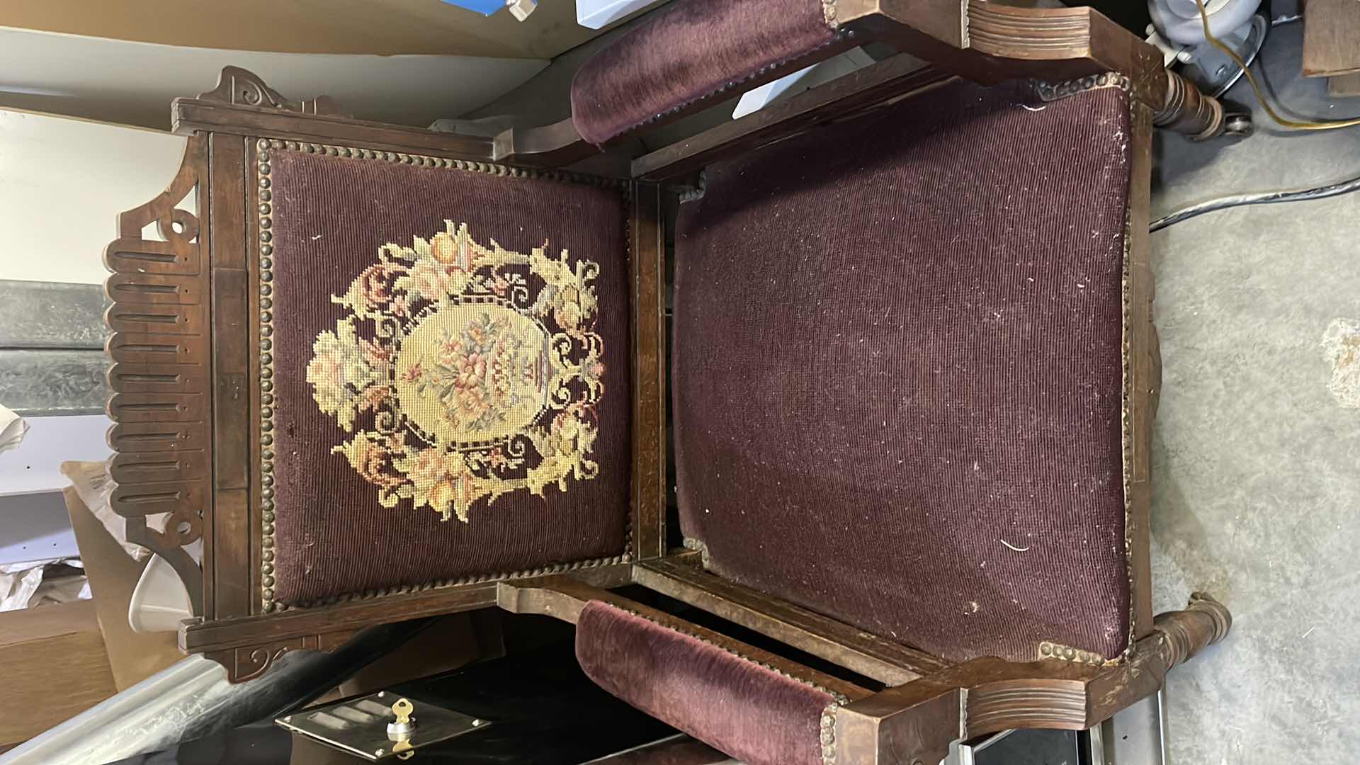 Photo 1 of RARE 19TH CENTURY VICTORIAN EASTLAKE MAHOGANY NEEDLEPOINT ARMCHAIR WITH NAIL HEADS TRIM