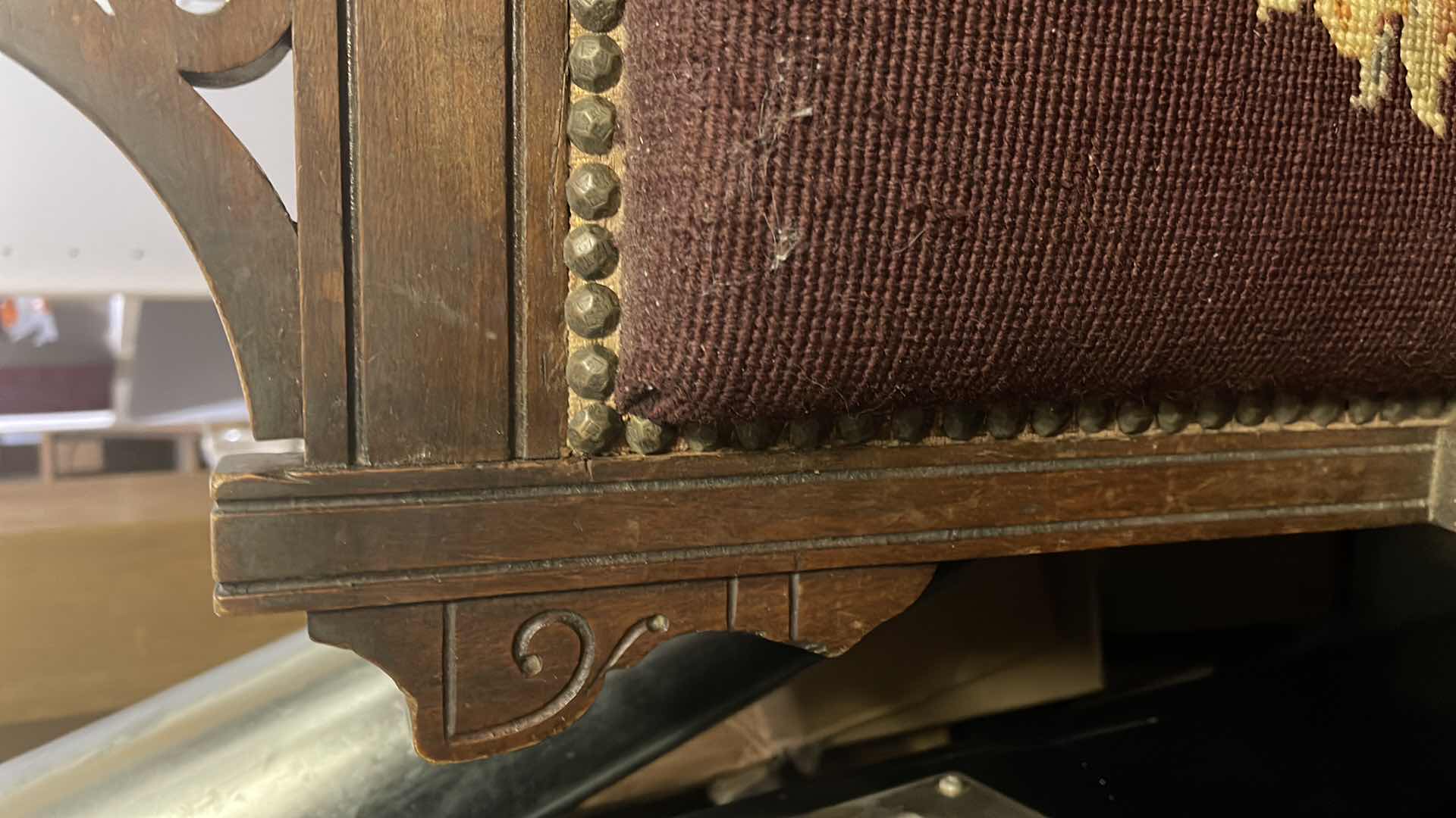 Photo 1 of RARE 19TH CENTURY VICTORIAN EASTLAKE MAHOGANY NEEDLEPOINT ARMCHAIR WITH NAIL HEADS TRIM