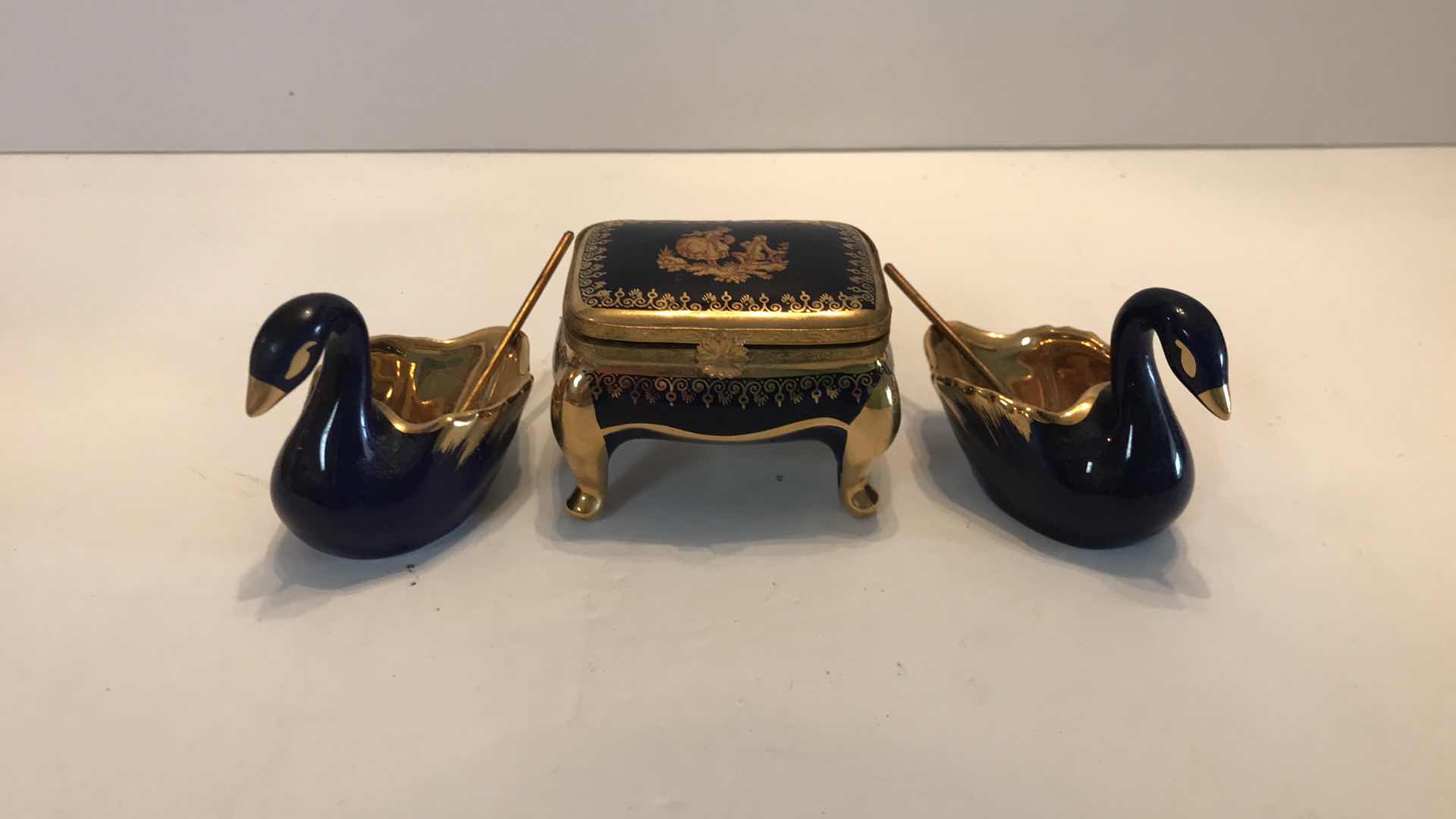 View 8 of LIMOGES LA REINE EXQUISITE MINIATURE PORCELAIN SWAN COBALT BLUE WITH 22K GOLD LEAF ORNAMENTAL BON DISHES/ SALT CELLARS