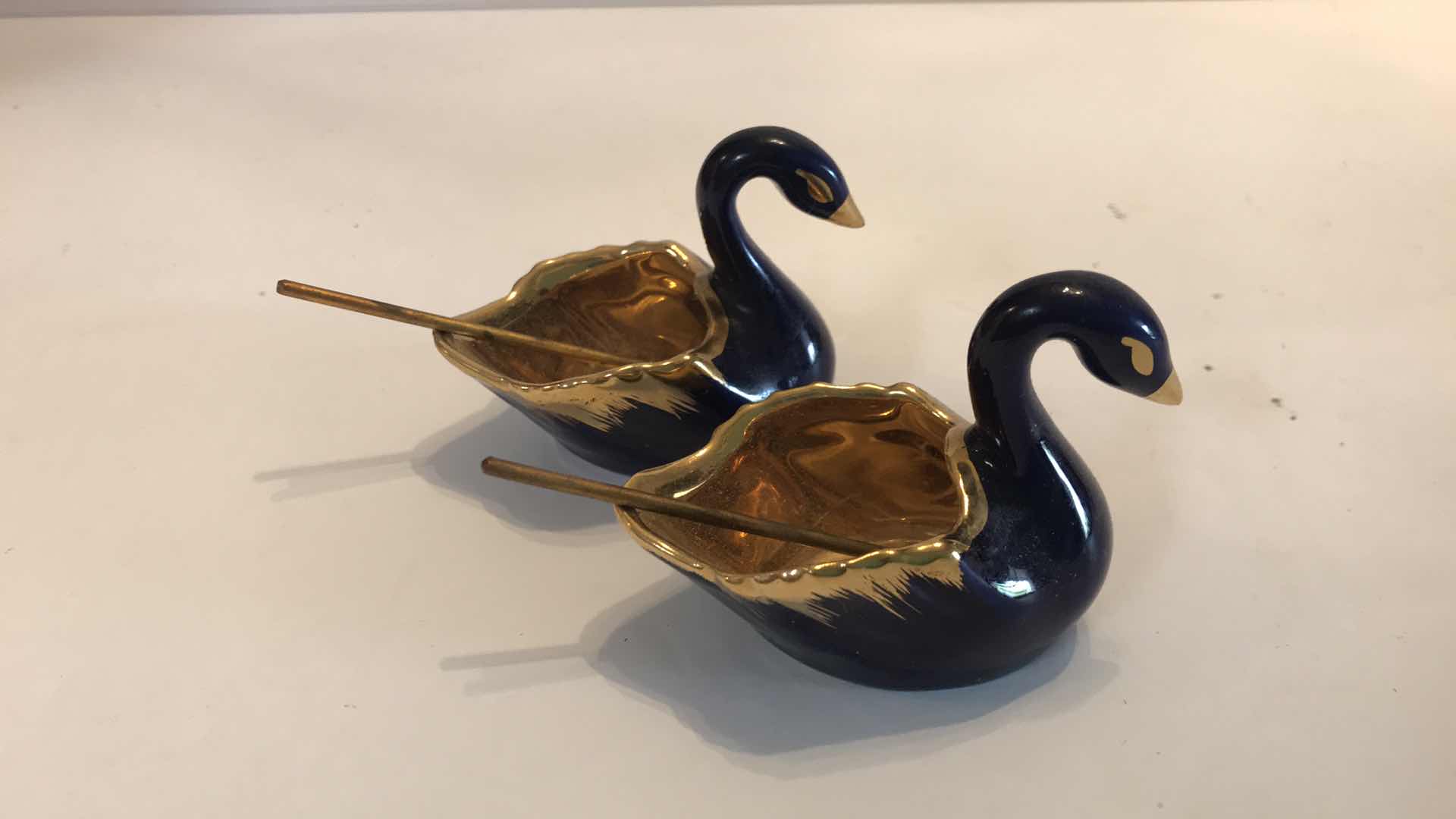 View 9 of LIMOGES LA REINE EXQUISITE MINIATURE PORCELAIN SWAN COBALT BLUE WITH 22K GOLD LEAF ORNAMENTAL BON DISHES/ SALT CELLARS
