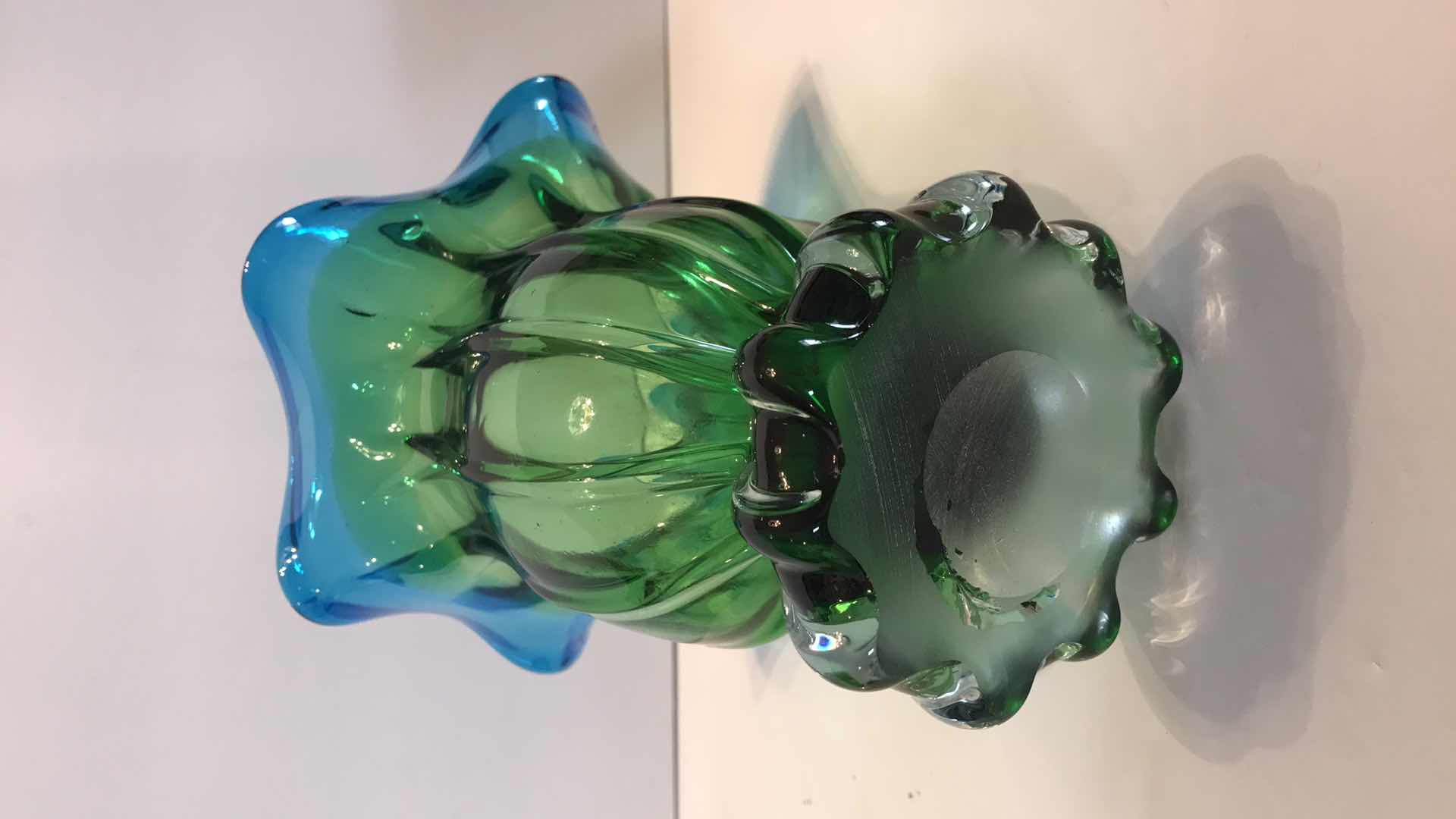 Photo 1 of  VINTAGE MURANO GREEN & BLUE FLORAL SHAPE VASE H-9.5