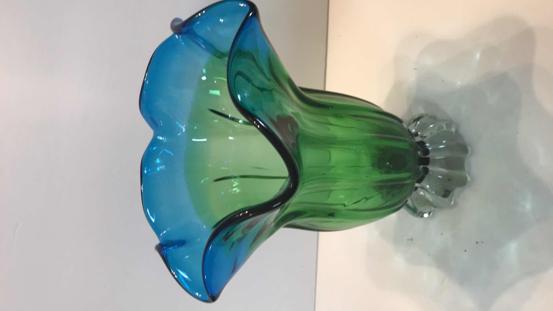 Photo 1 of  VINTAGE MURANO GREEN & BLUE FLORAL SHAPE VASE H-9.5