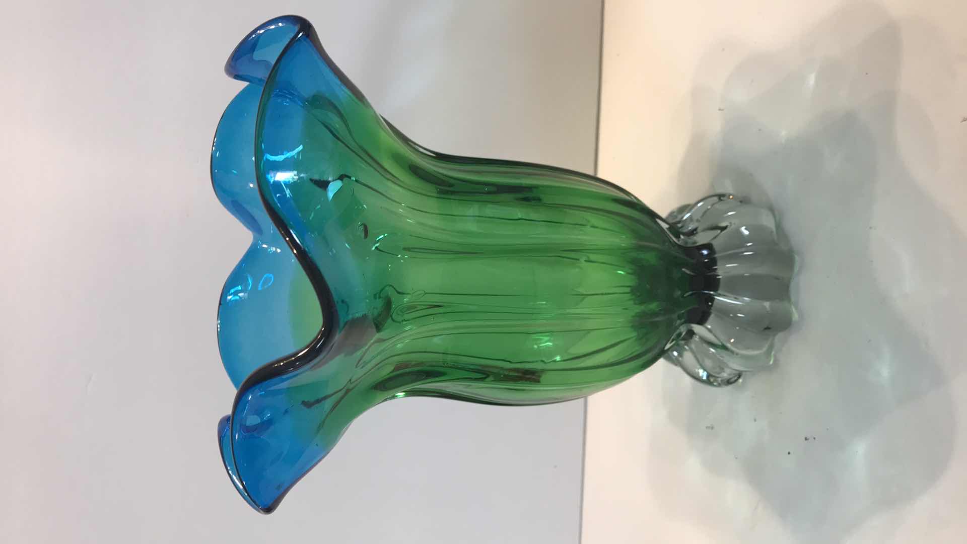 Photo 1 of  VINTAGE MURANO GREEN & BLUE FLORAL SHAPE VASE H-9.5