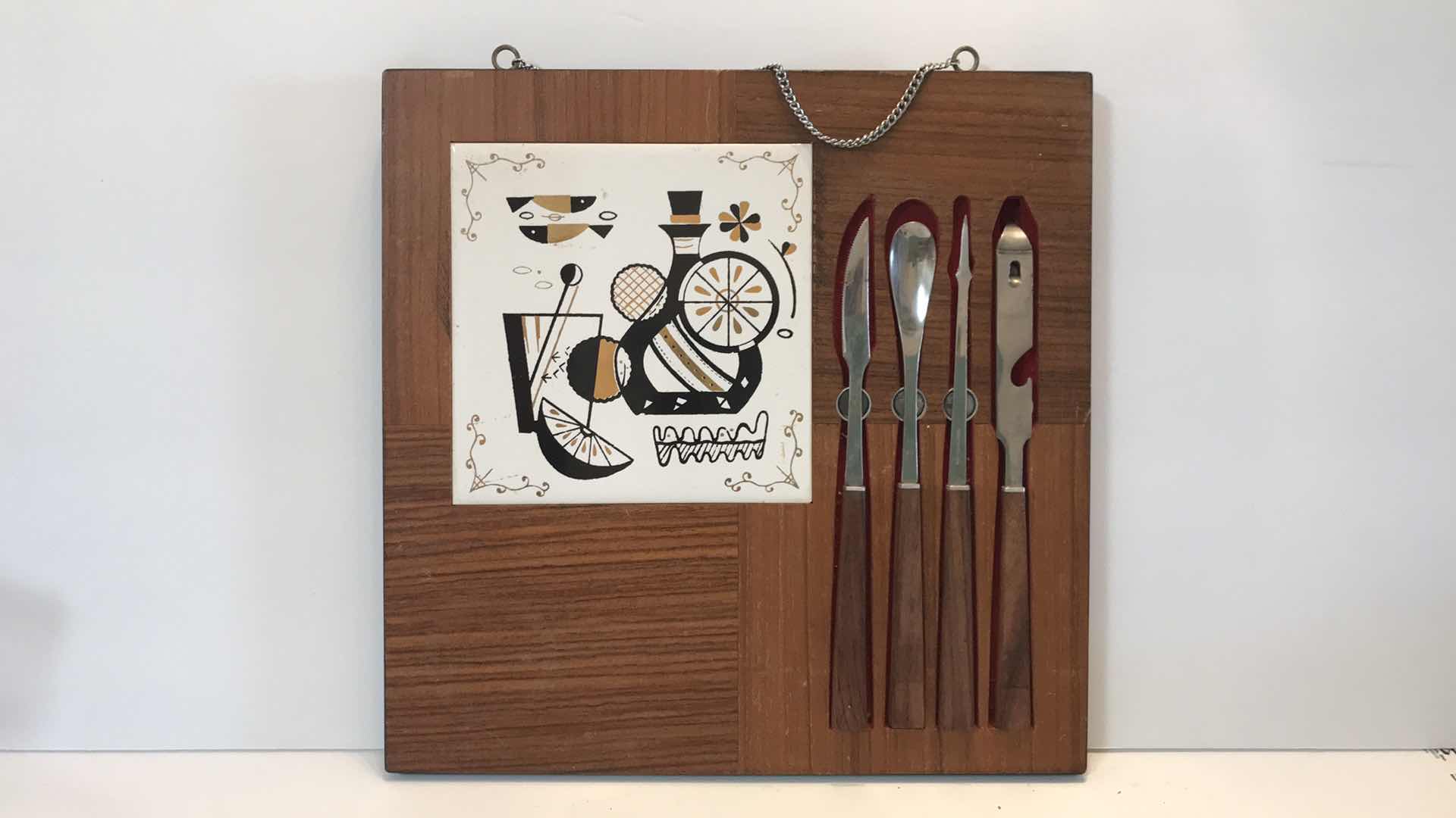 Photo 1 of MID-CENTURY MODERN BAR TOOL SET WITH TILE ,  CUTTING BOARD & TOOLS