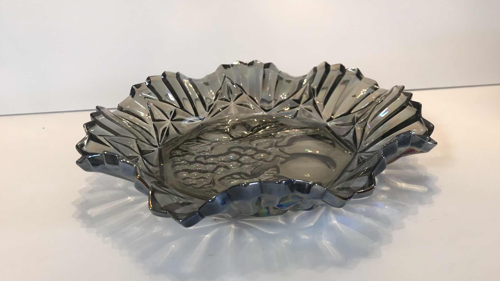 Photo 1 of VINTAGE FEDERAL GLASS PIONEER SMOKE 11” SERVING BOWL W/ FRUIT PATTERN AND RUFFLED/ CRIMPED RIM