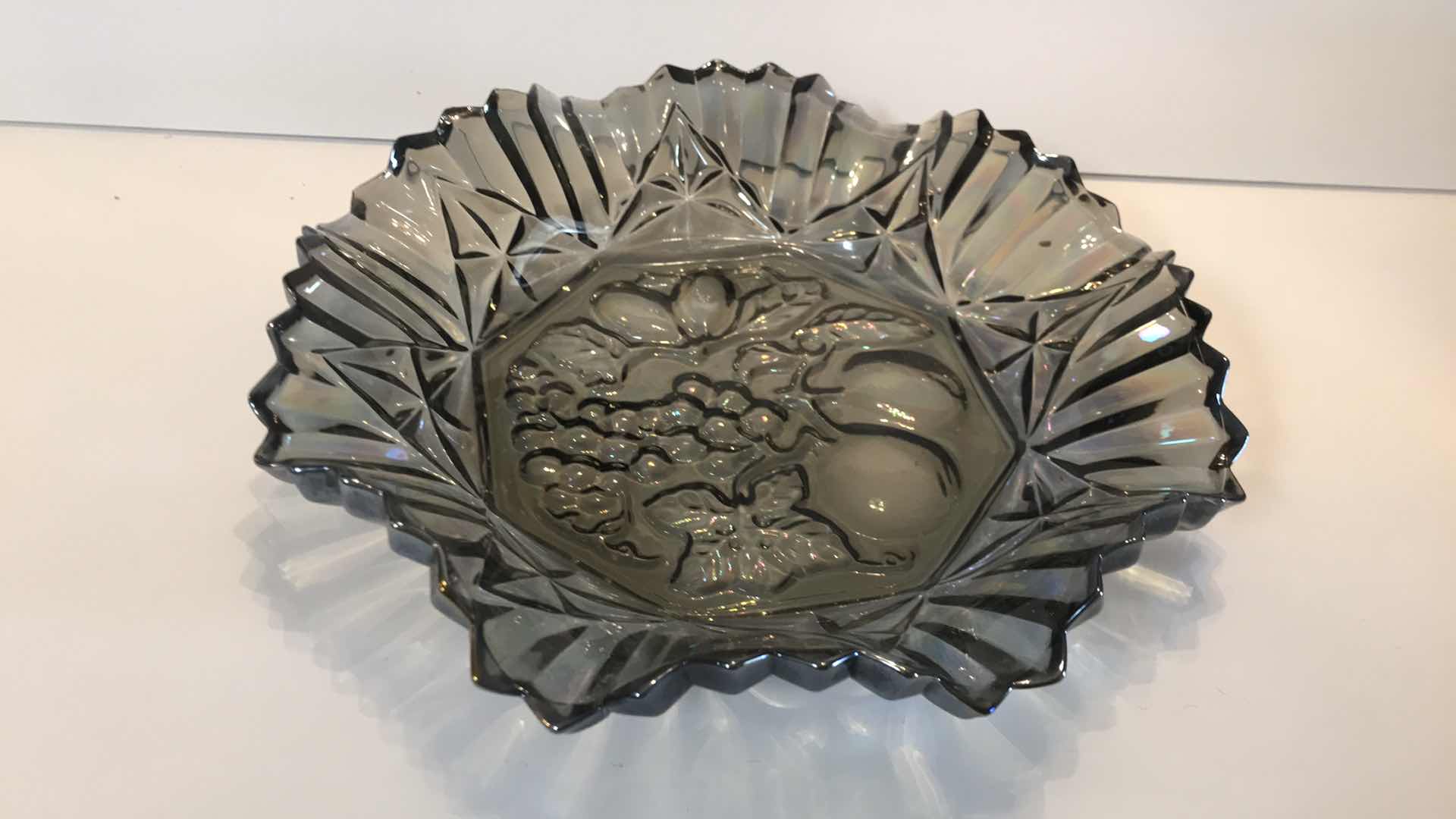 Photo 1 of VINTAGE FEDERAL GLASS PIONEER SMOKE 11” SERVING BOWL W/ FRUIT PATTERN AND RUFFLED/ CRIMPED RIM