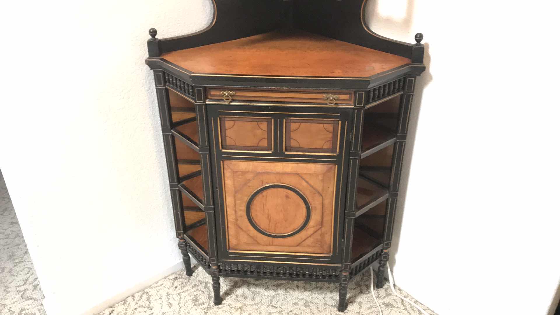 Photo 1 of ANTIQUE WOOD CORNER CURIO CABINET 34x 22x57