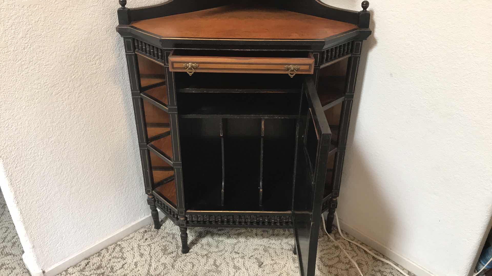 Photo 1 of ANTIQUE WOOD CORNER CURIO CABINET 34x 22x57