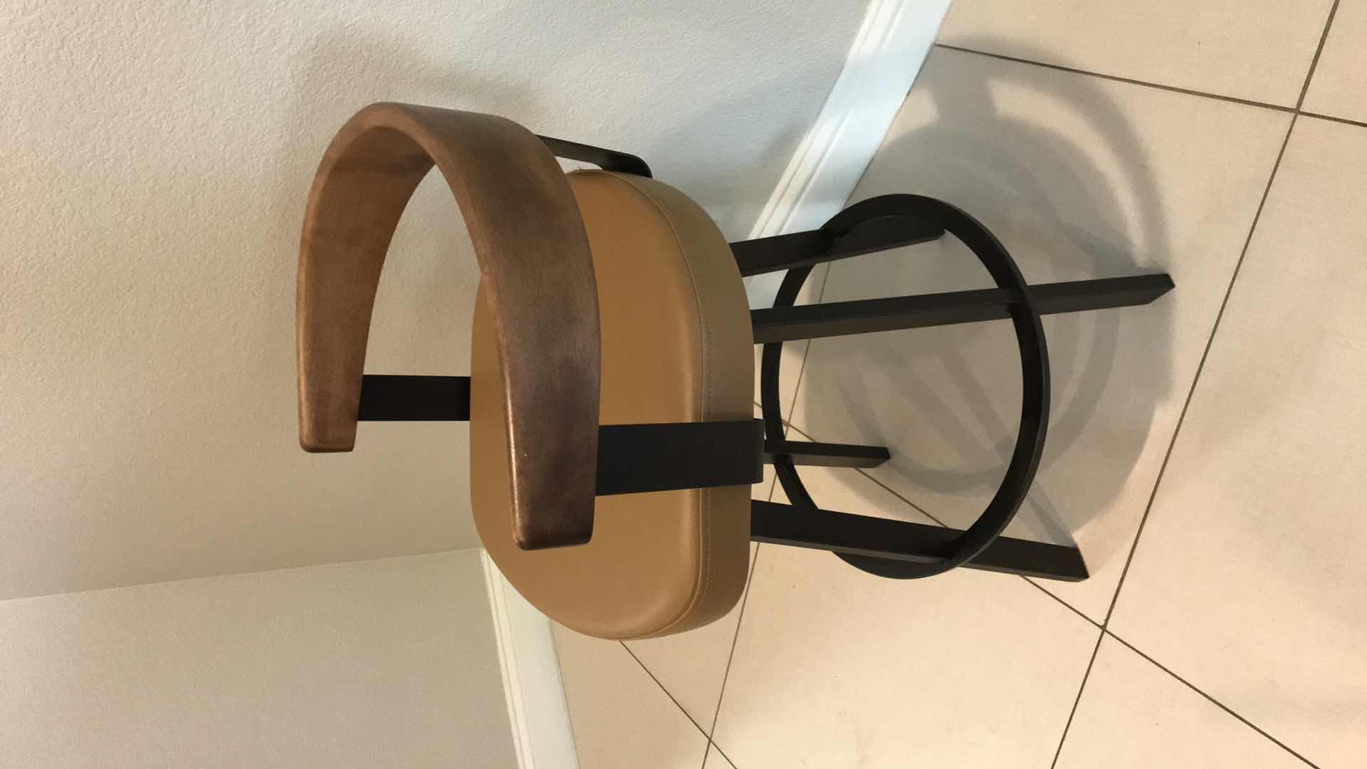 Photo 1 of AMISCO LARS COUNTER HEIGHT UPHOLSTERED SWIVEL METAL BAR STOOL WITH ARMS & BACK H 33” - MORE OF THIS COLLECTION IN AUCTION 