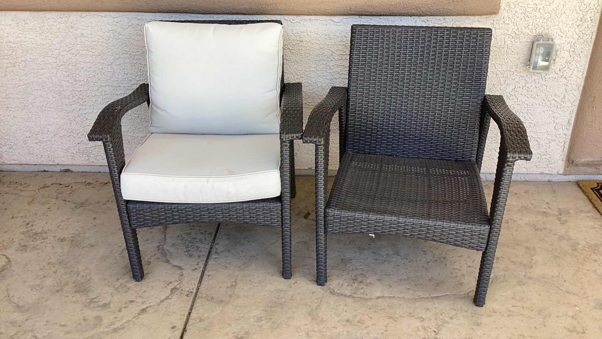 Photo 1 of BLEECKER OUTDOOR GREY WICKER CLUB CHAIRS WITH CUSHION (SET OF 2) - ONLY ONE HAS CUSHION 