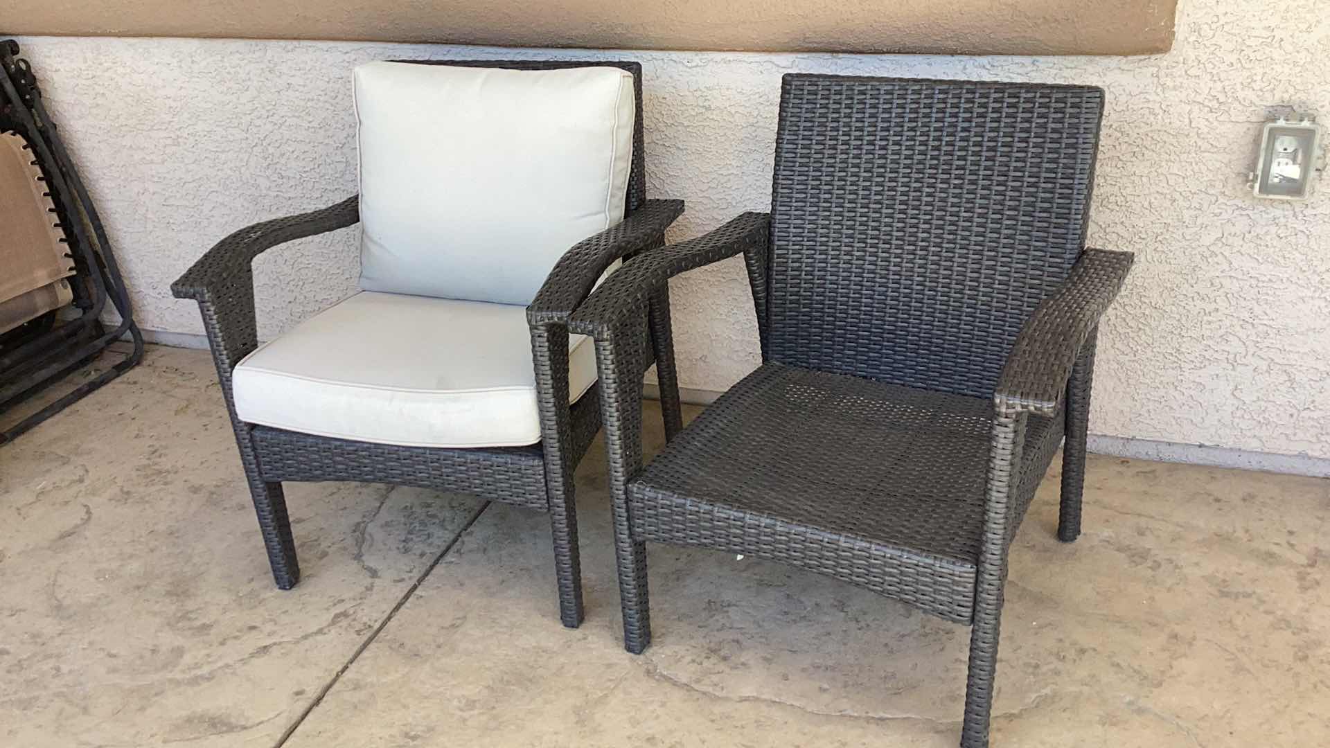 Photo 1 of BLEECKER OUTDOOR GREY WICKER CLUB CHAIRS WITH CUSHION (SET OF 2) - ONLY ONE HAS CUSHION 