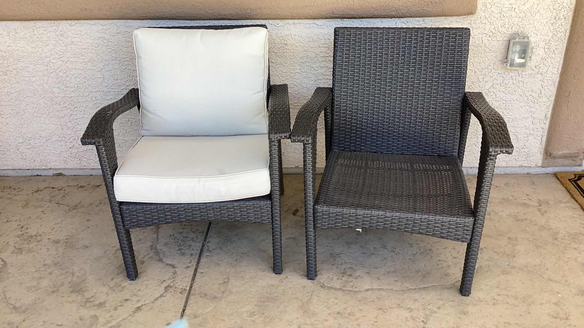 Photo 1 of BLEECKER OUTDOOR GREY WICKER CLUB CHAIRS WITH CUSHION (SET OF 2) - ONLY ONE HAS CUSHION 