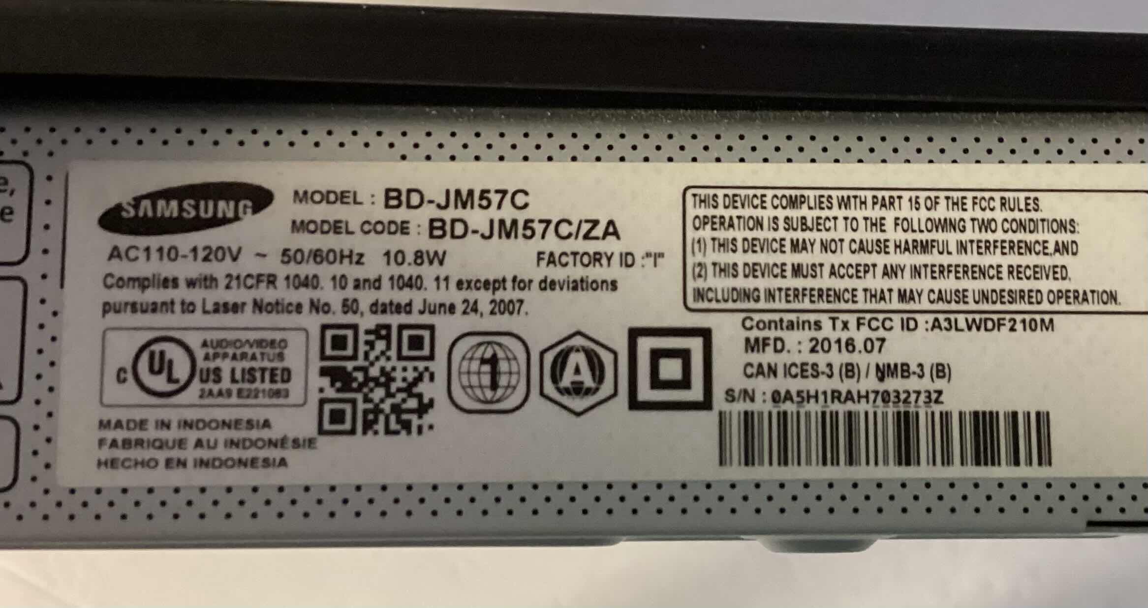 Photo 1 of SAMSUNG BLUE RAY PLAYER W/REMOTE MODEL BD-JM57C