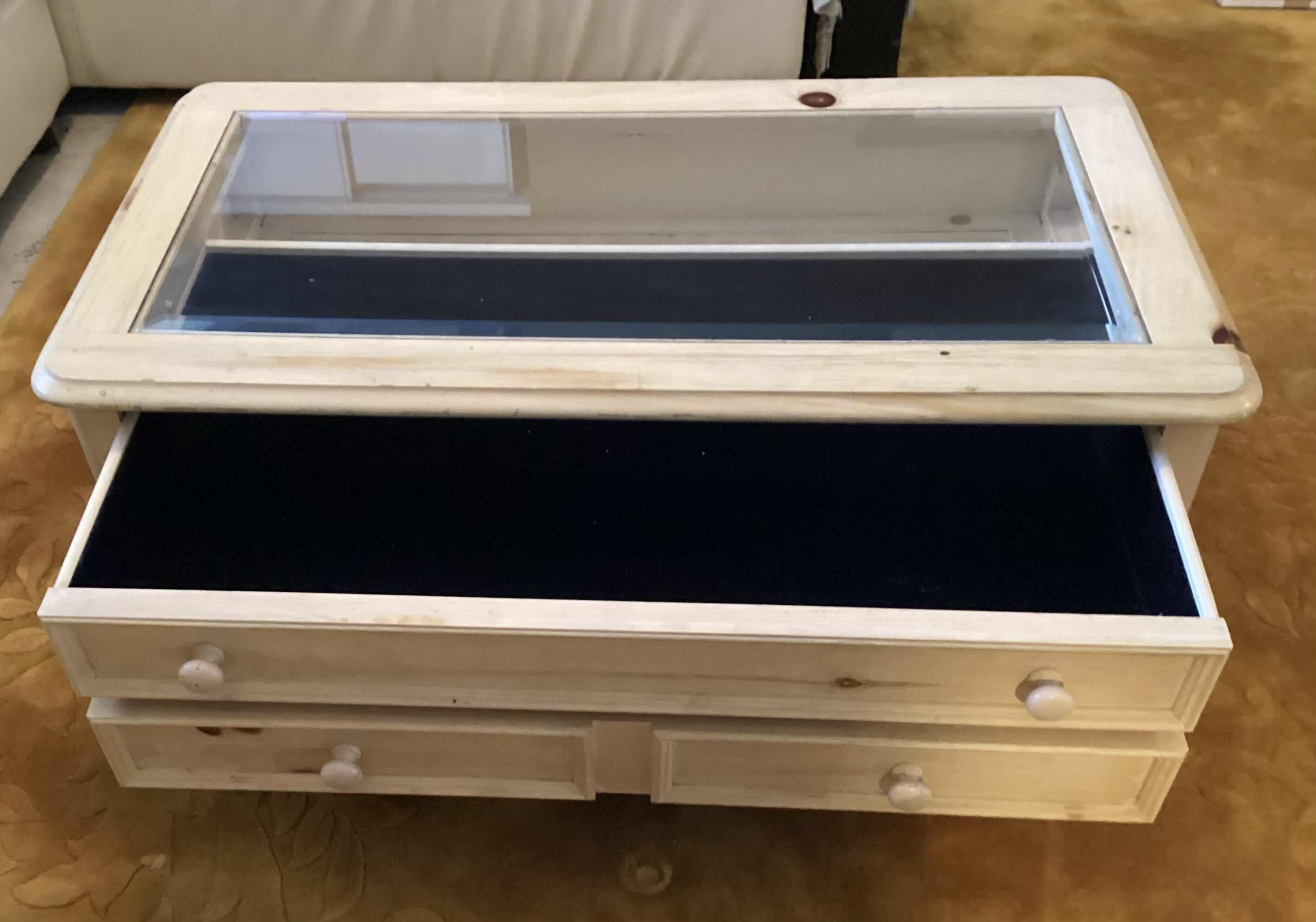 Photo 1 of BROYHILL COFFEE TABLE STORAGE GLASS TOP / SHADOW BOX DRAWER 44”x18”x24”