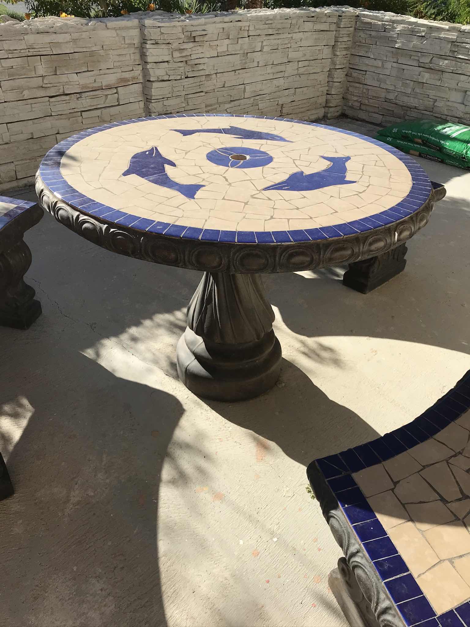 Photo 1 of MOSAIC DOLPHIN DESIGN CONCRETE  OUTDOOR PATIO TABLE & CHAIRS 
BRING HELP!,
