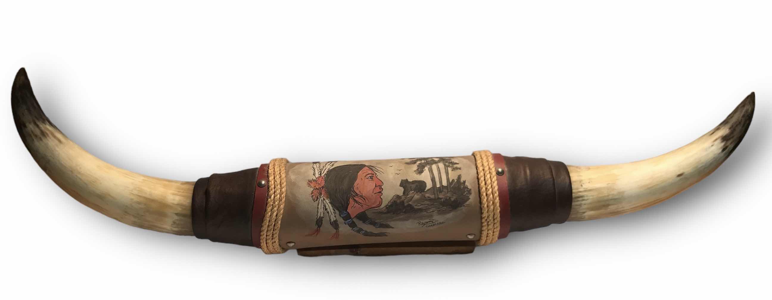 Photo 1 of NATIVE AMERICAN HAND PAINTED & SIGNED TAXIDERMY MOUNTED STEER HORNS 40” L