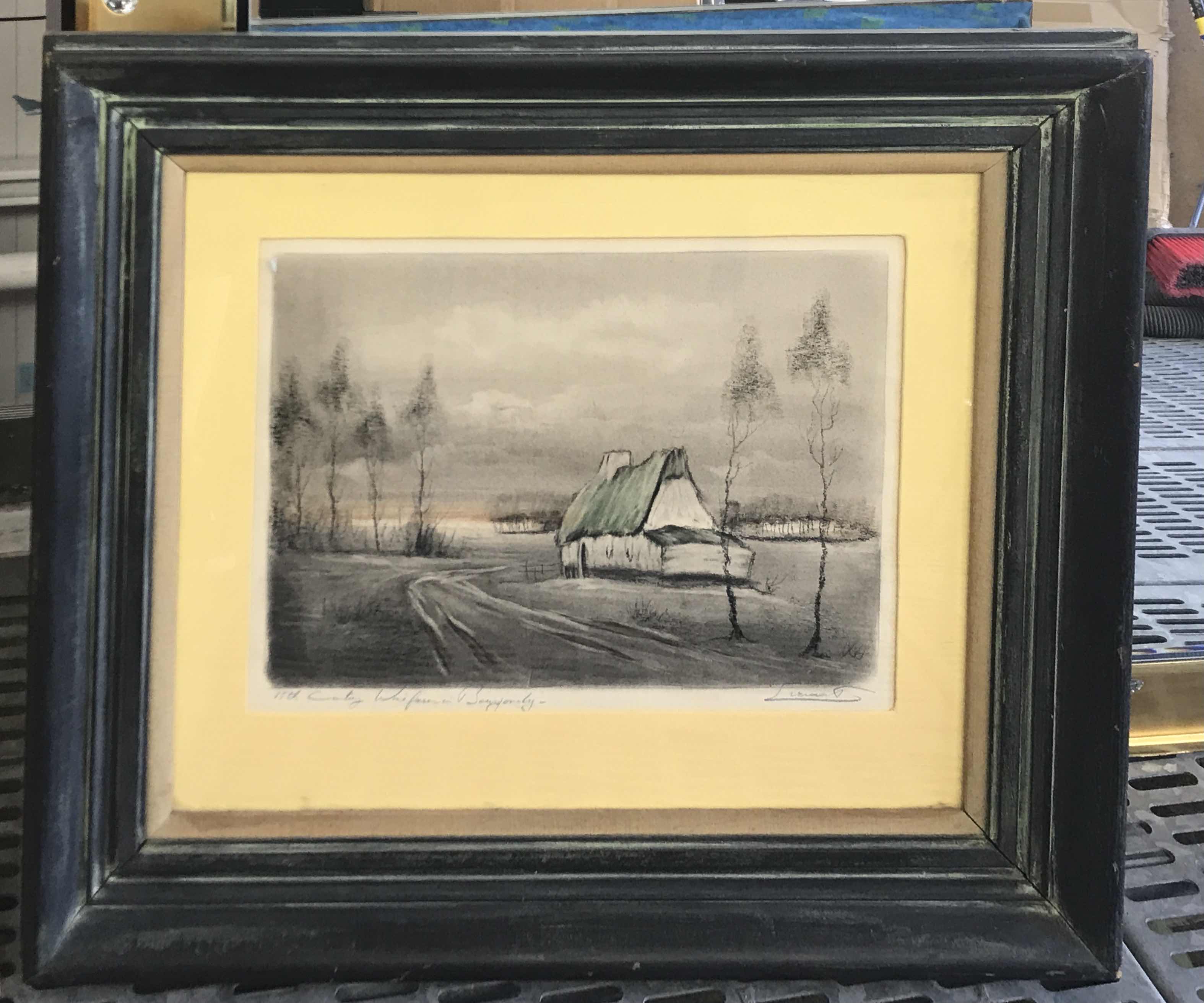 Photo 1 of FRAMED SIGNED BY ARTIST ARTWORK LANDSCAPE SCENERY WITH CABIN 26”x 22”