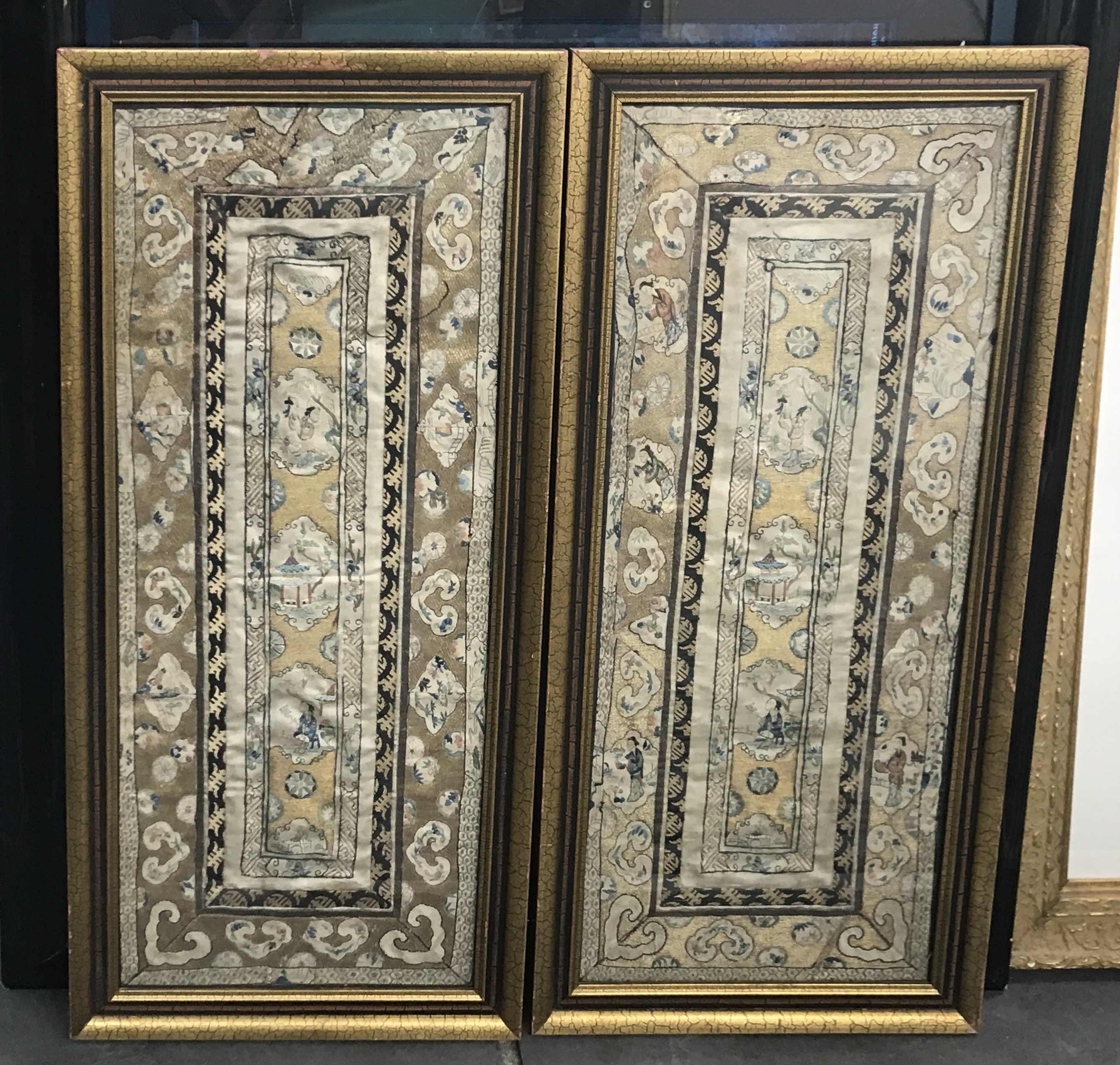 Photo 1 of SET OF 2 ANTIQUE CHINESE FRAMED EMBROIDERED SILK PANELS 13” x 29”