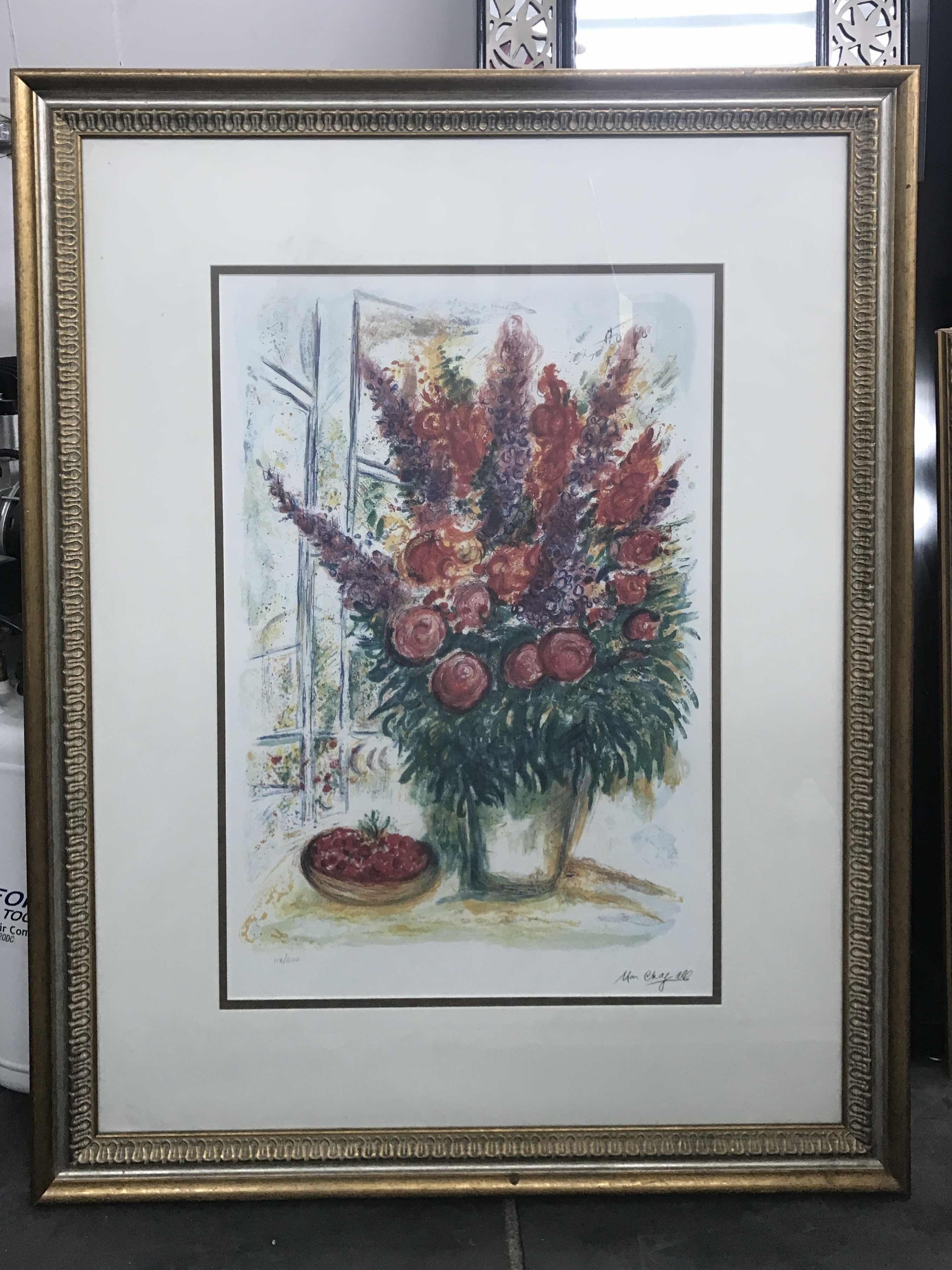 Photo 1 of “BOUQUET WITH BOWL OF CHERRIES” MARC CHAGALL LIMITED EDITION PRINT SIGNED BY ARTIST AND NUMBERED WITH COA 118/500  35” x 46”