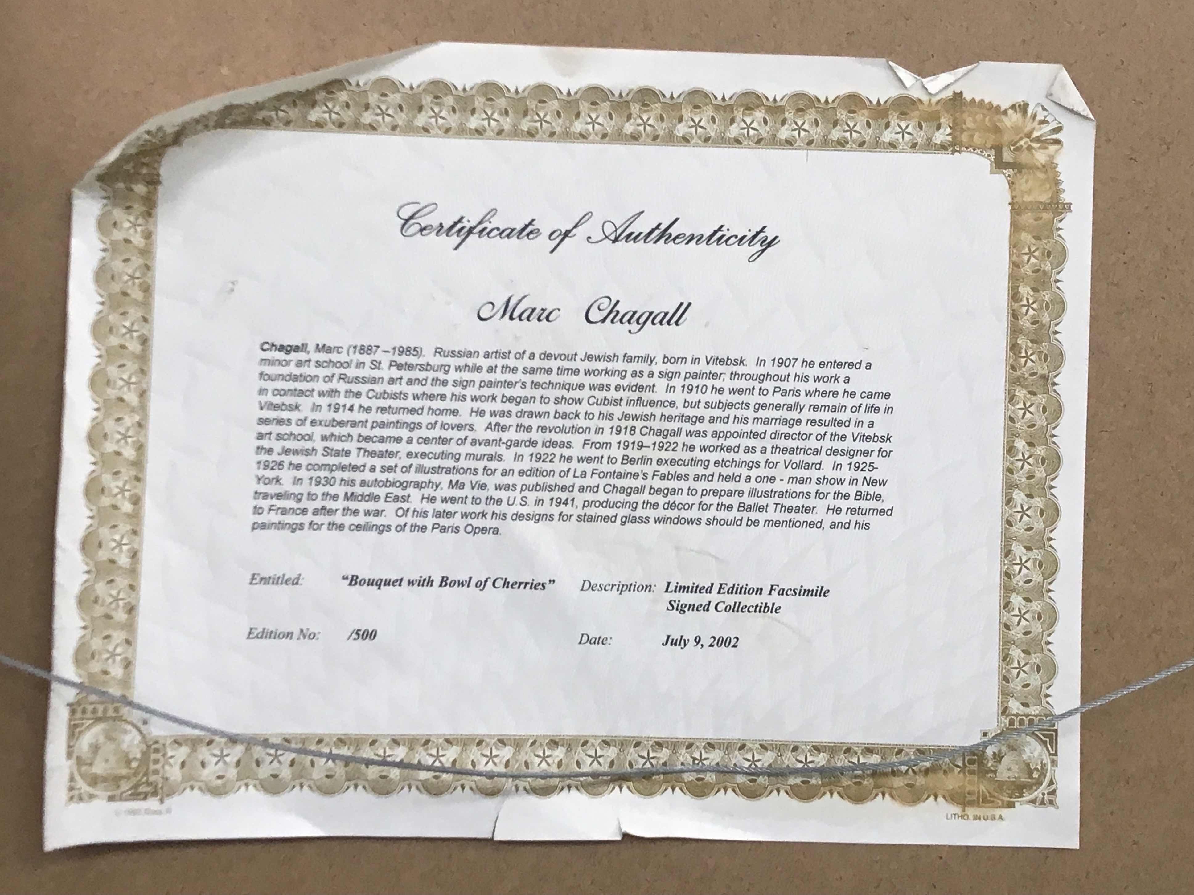 Photo 5 of “BOUQUET WITH BOWL OF CHERRIES” MARC CHAGALL LIMITED EDITION PRINT SIGNED BY ARTIST AND NUMBERED WITH COA 118/500  35” x 46”