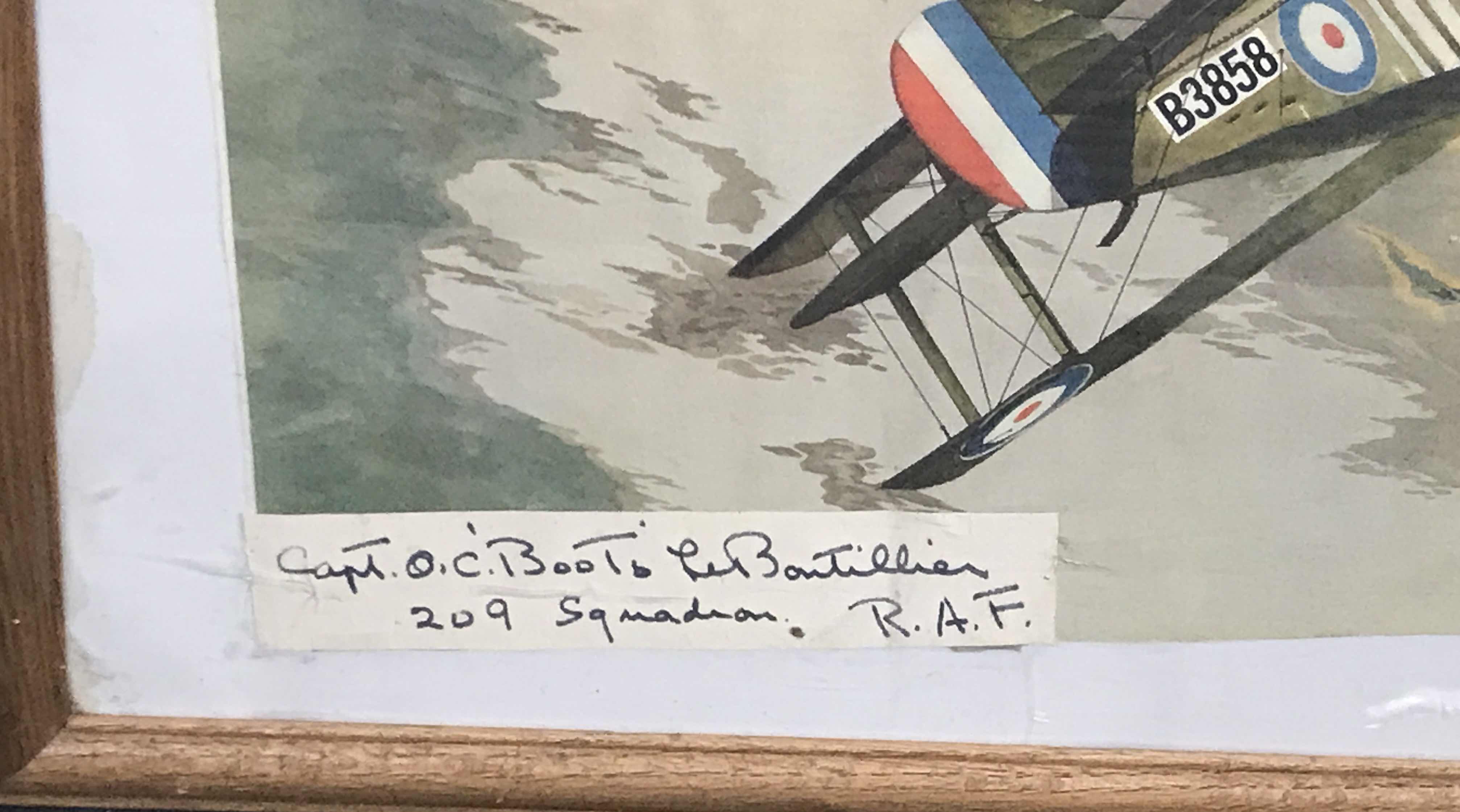 Photo 1 of FRAMED PICTURE OF WAR PLANE IN FLIGHT CAPT O.C. BOOTS 209 SQUADRON 26” x 20”
