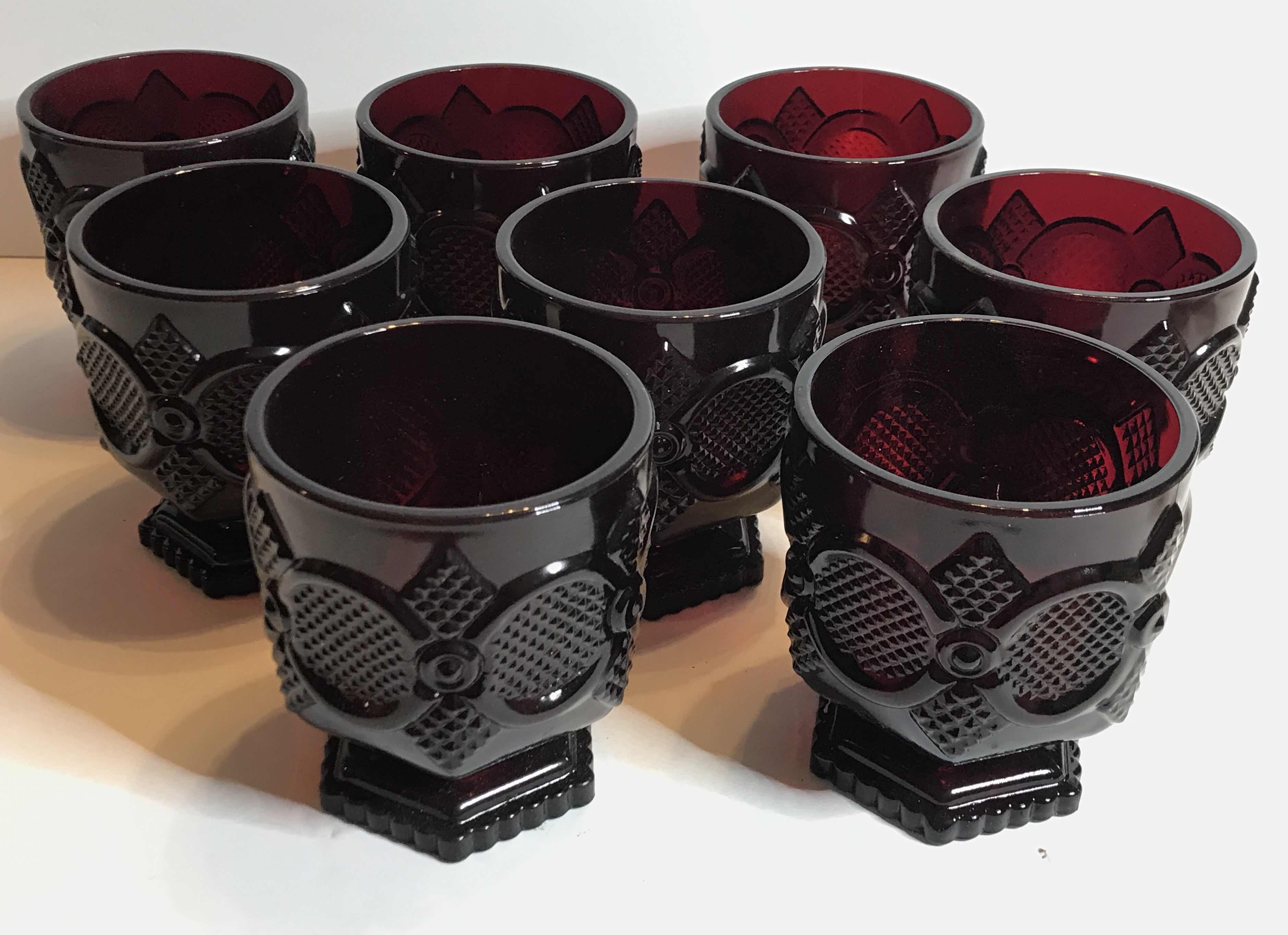 Photo 1 of VINTAGE CAPE COD ROYAL RUBY RED AVON GLASS PEDESTAL SHORT JUICE GLASSES SET OF 8 - MORE OF THIS COLLECTION IN AUCTION