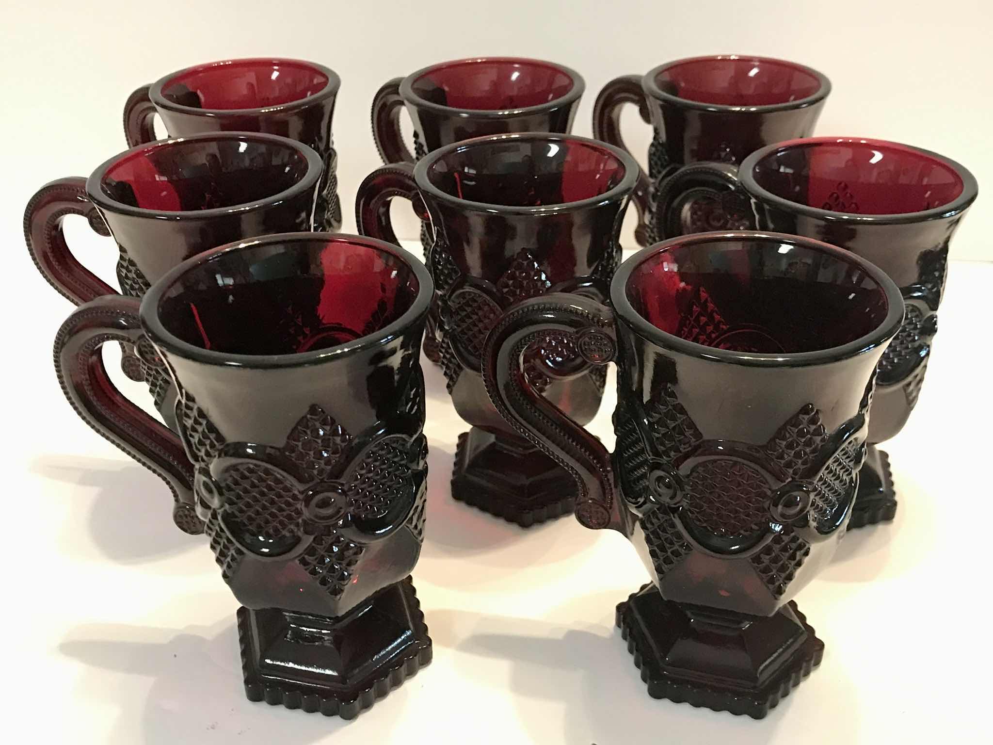 Photo 1 of VINTAGE CAPE COD ROYAL RUBY RED AVON GLASS HANDLE PEDESTAL MUGS SET OF 8 - MORE OF THIS COLLECTION IN AUCTION