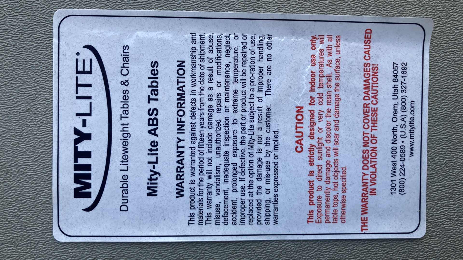 Photo 1 of MITY LITE ABS FOLDING TABLE 96” X 30” H29”