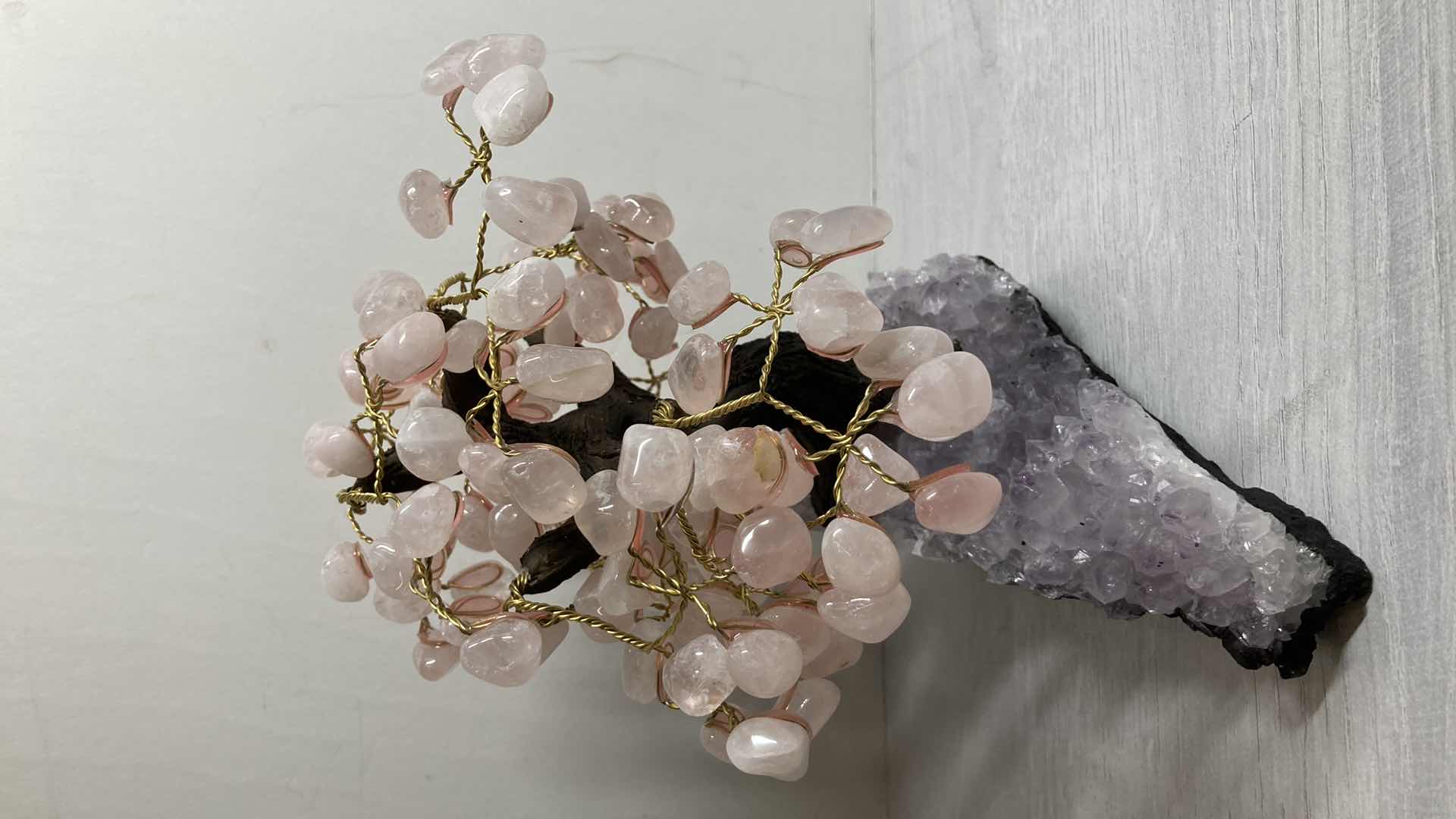 Photo 1 of ROSE QUARTZ & CLAY CRYSTAL BASE BONSAI TREE 9” X 7” H9”