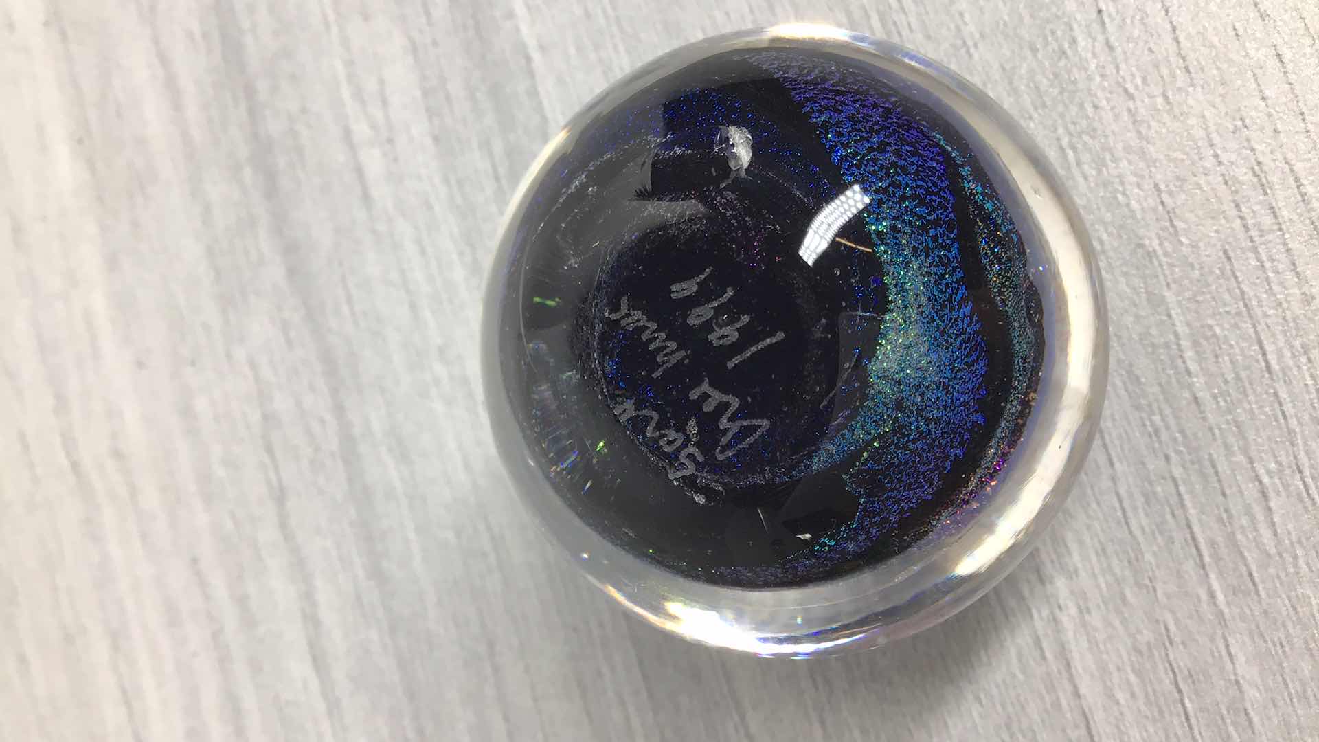 Photo 1 of HANDPRINT GALAXY BLOWN GLASS SPHERE ART SIGNED BY ARTIST 1994 2” X 1.5”