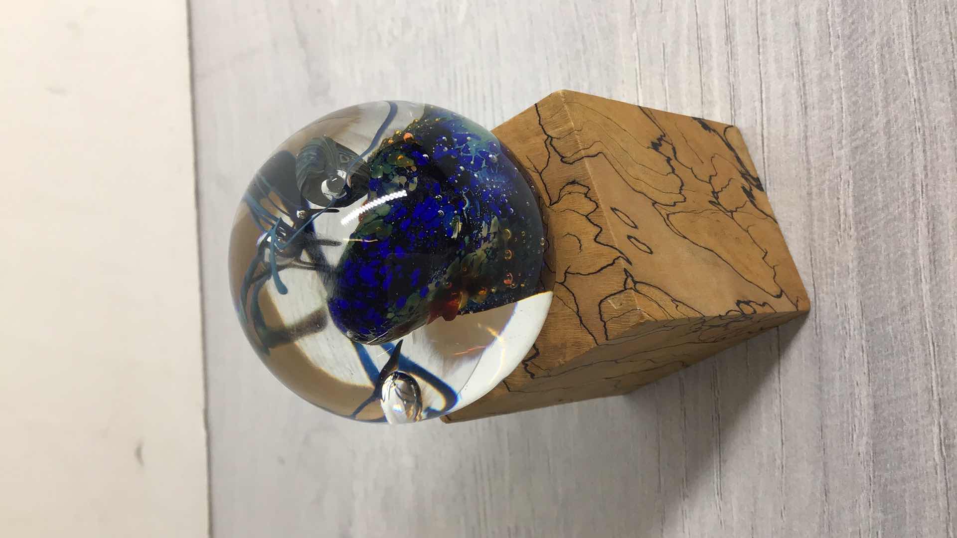 Photo 1 of ORNATE DESIGN BLOWN GLASS SPHERE ART W CORK FINISH STAND 2” X 2”
