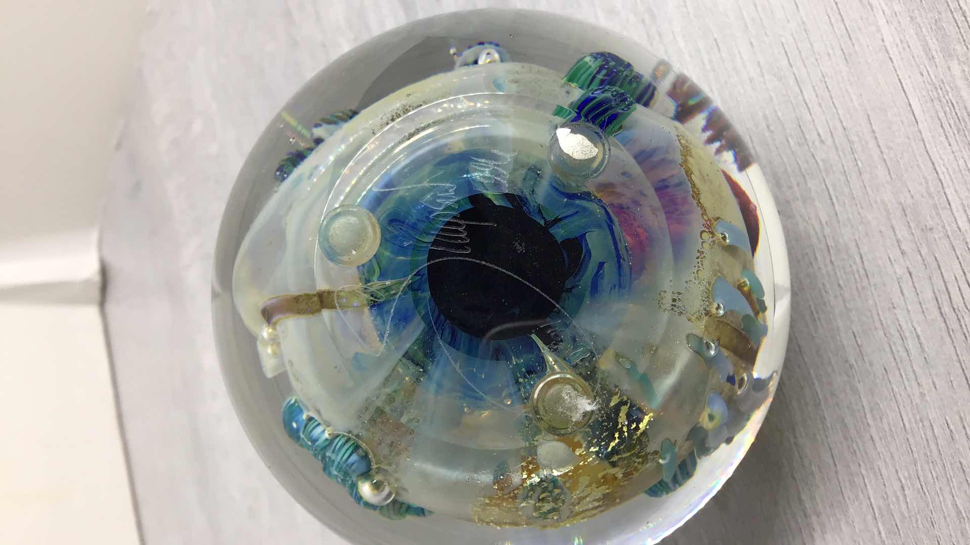 Photo 1 of OCEAN THEMED BLOWN GLASS SPHERE ART SIGNED BY JOSH SIMPSON 3.5” X 3.5”